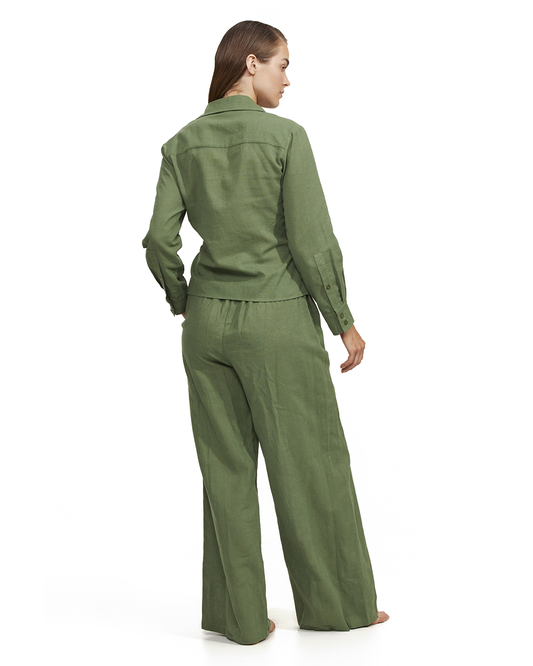 Back View Of Luma Elastic Waist Long Pant Cover Up | Olive
