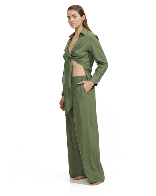 Side View Of Luma Elastic Waist Long Pant Cover Up | Olive