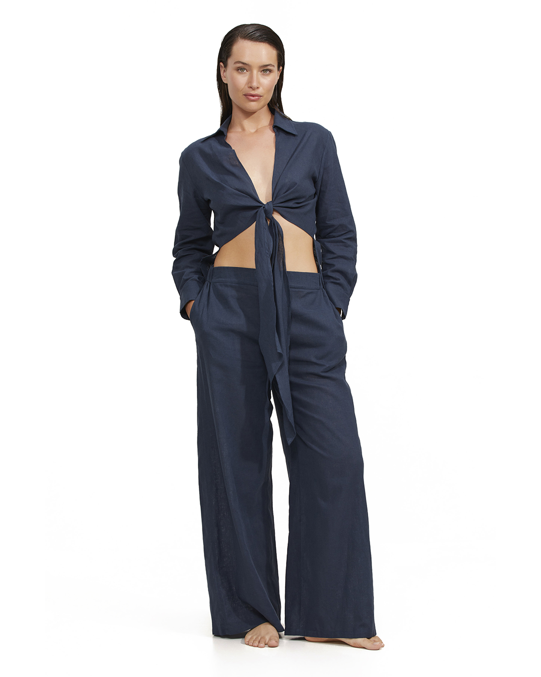 Front View Of Luma High Low Collared Front Tie Blouse Cover Up | Midnight-Blue