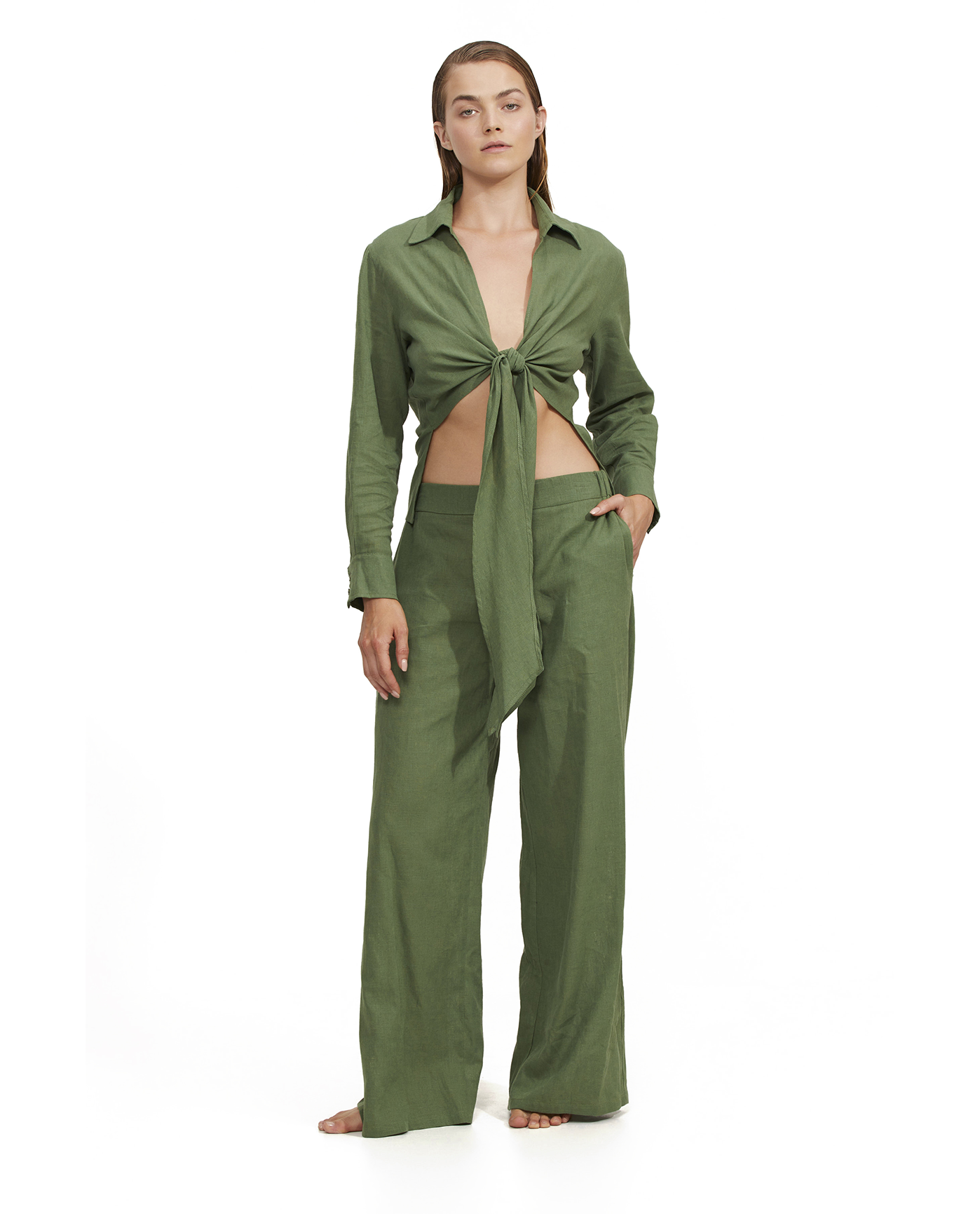 High Low Collared Front Tie Blouse Cover Up- Olive