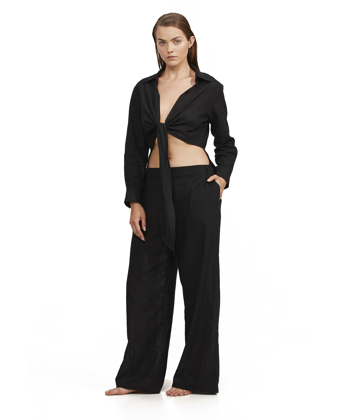Front View Of Luma Elastic Waist Long Pant Cover Up | Black