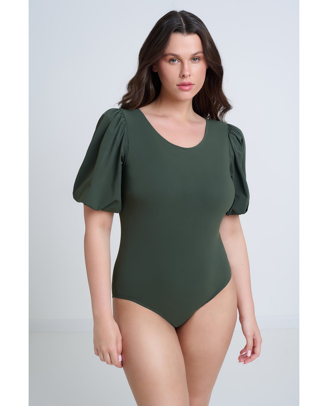 Modest High Round Neck Puff Sleeve One Piece  | Khaki
