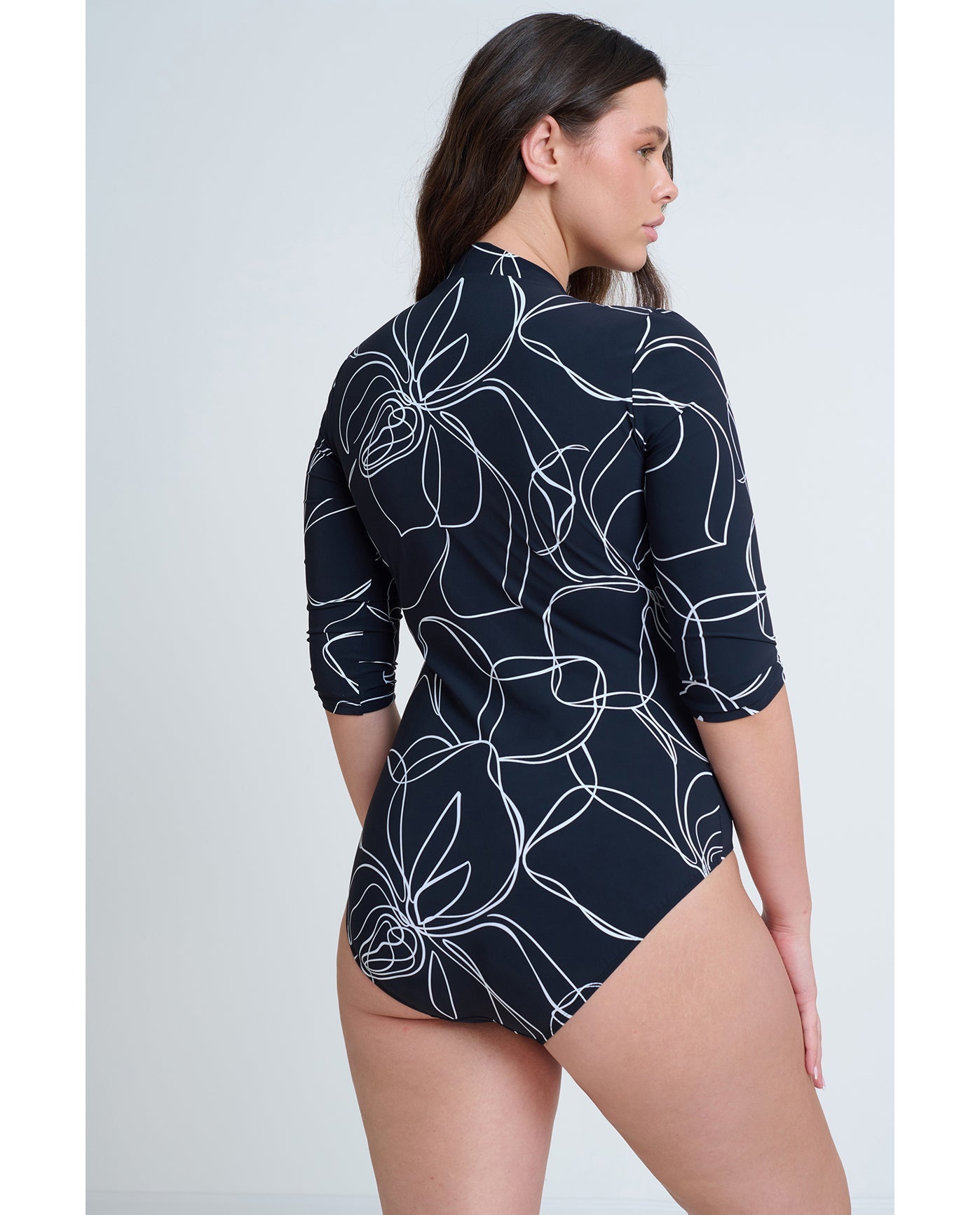 Modest 3/4 Sleeve One Piece Rashguard - black/white