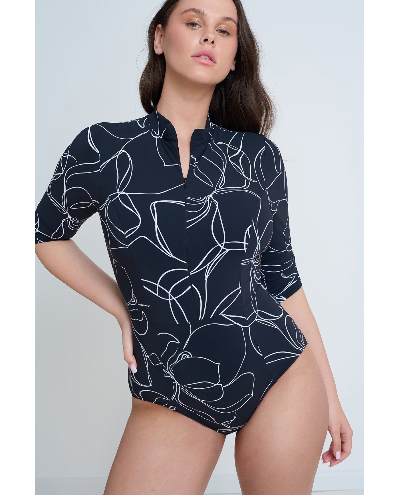 Modest 3/4 Sleeve One Piece Rashguard - black/white