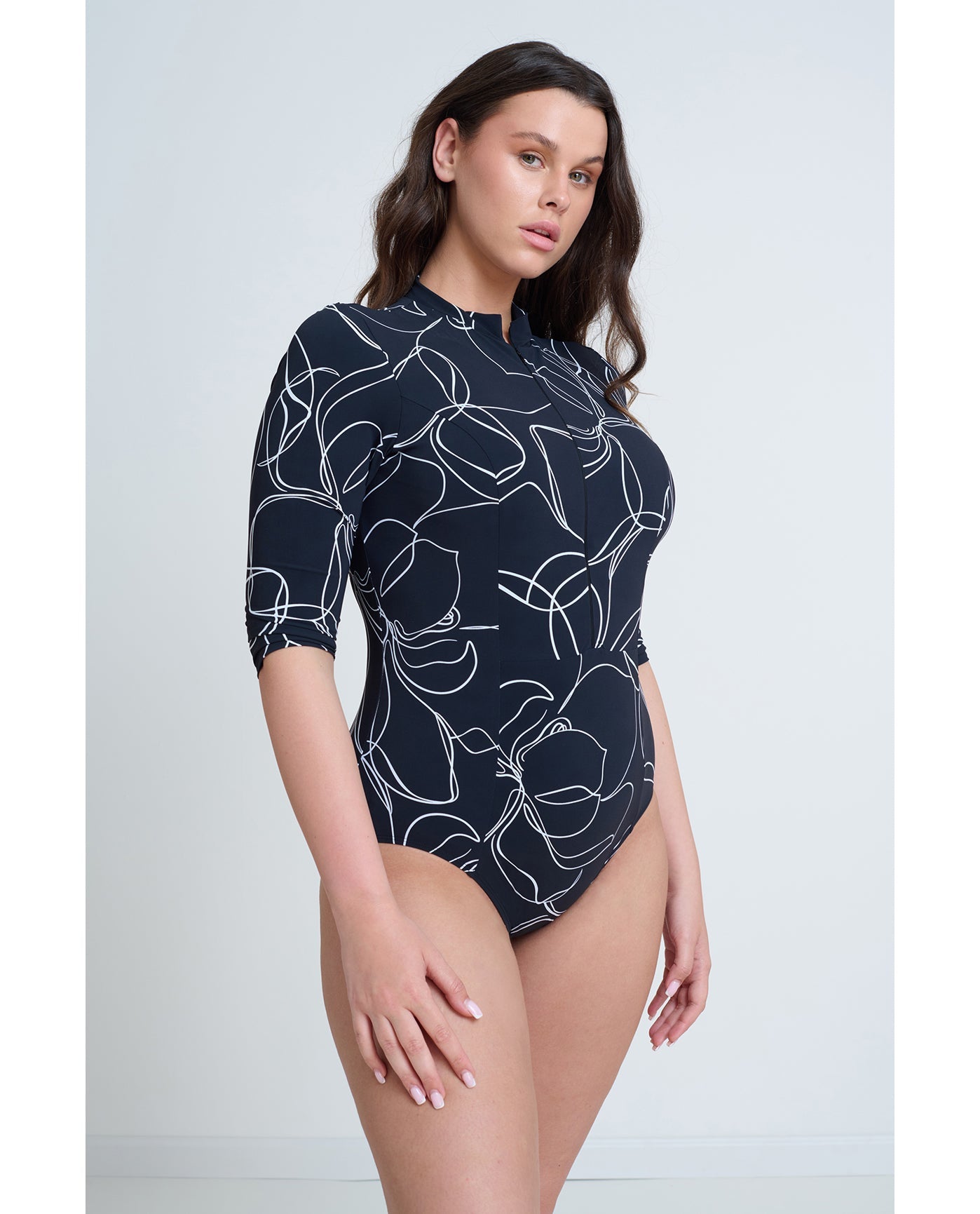 Modest 3/4 Sleeve One Piece Rashguard - black/white