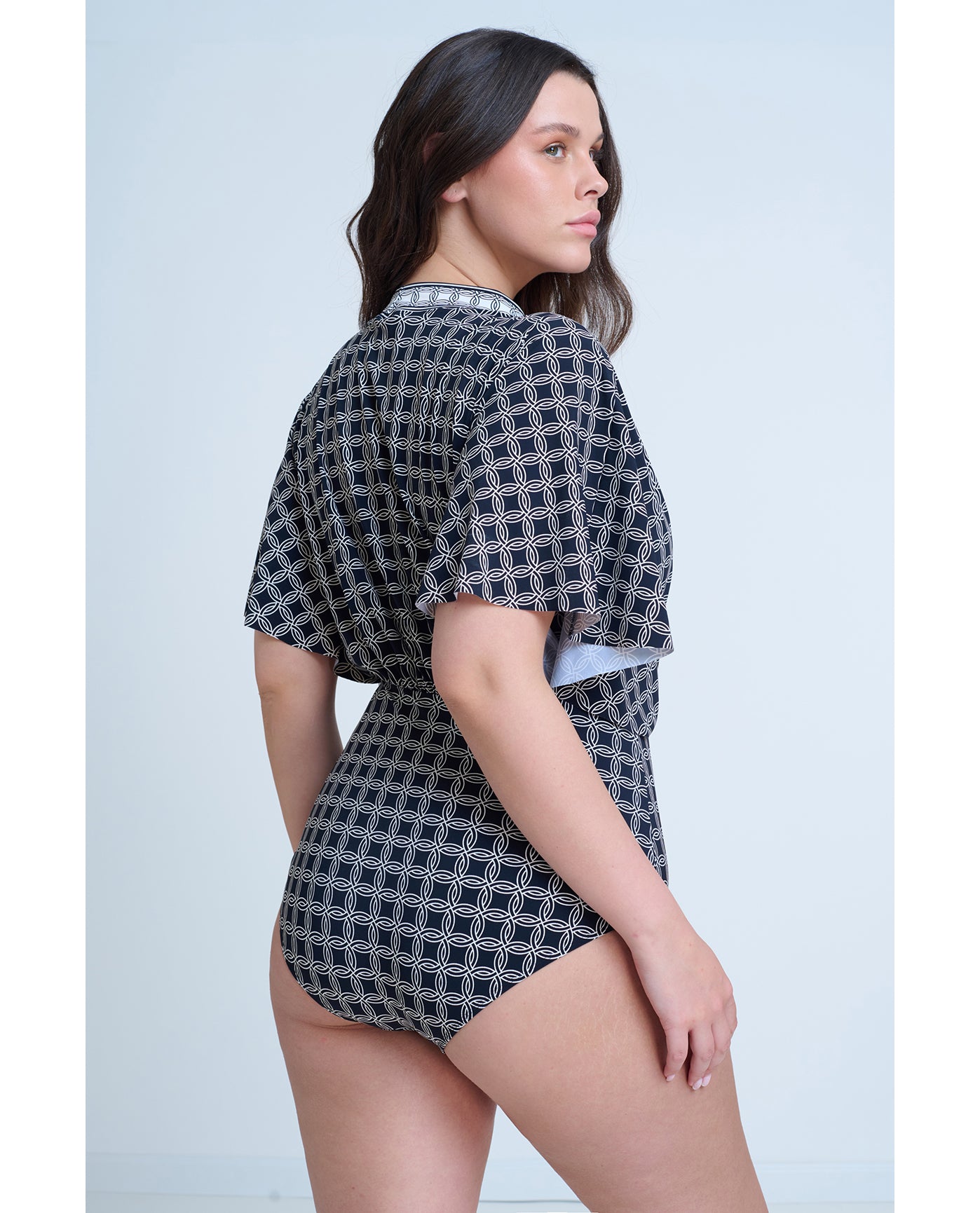 Modest Sleeved Surplice Blouson One Piece | Gottex-Golden-Chic-Black-Cream
