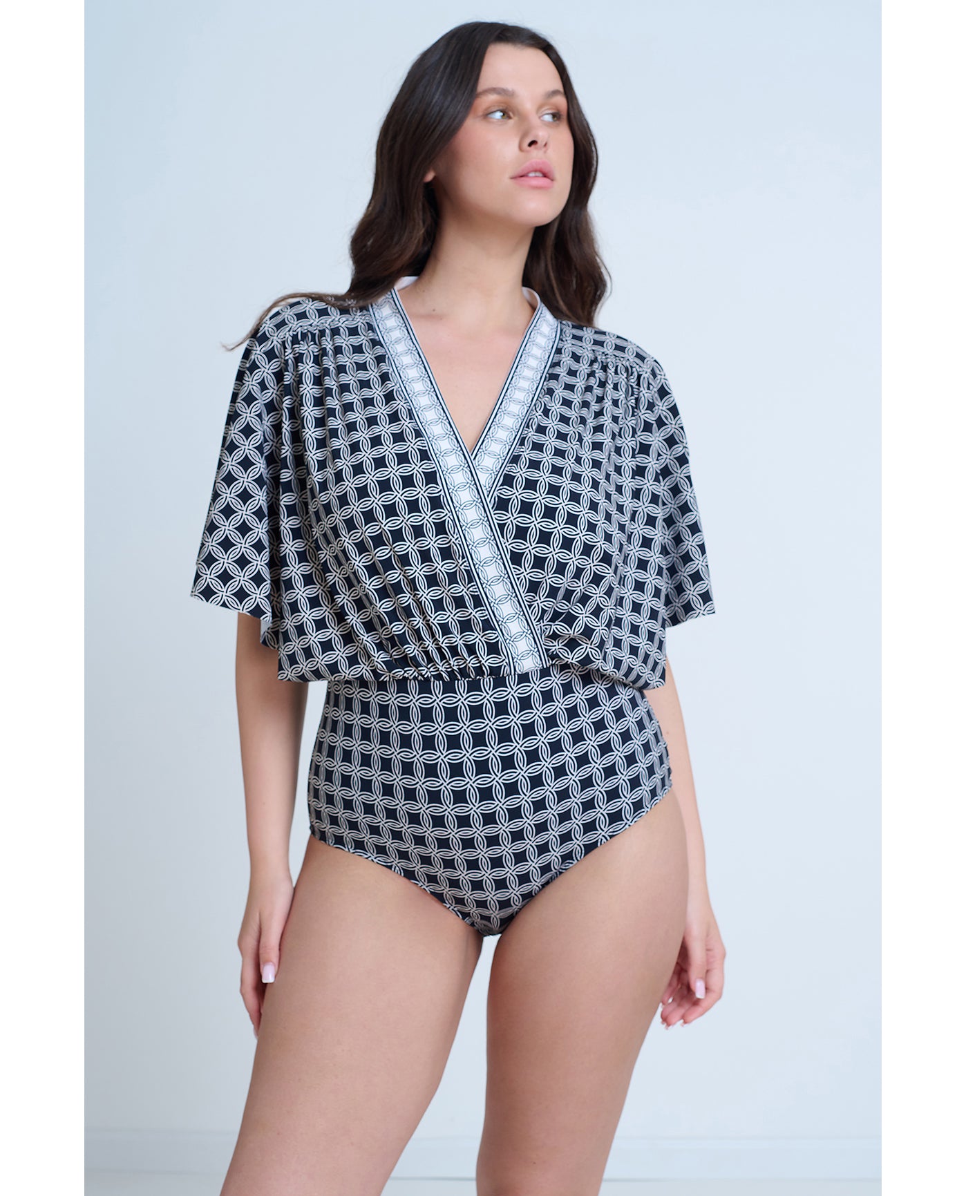 Modest Sleeved Surplice Blouson One Piece | Gottex-Golden-Chic-Black-Cream
