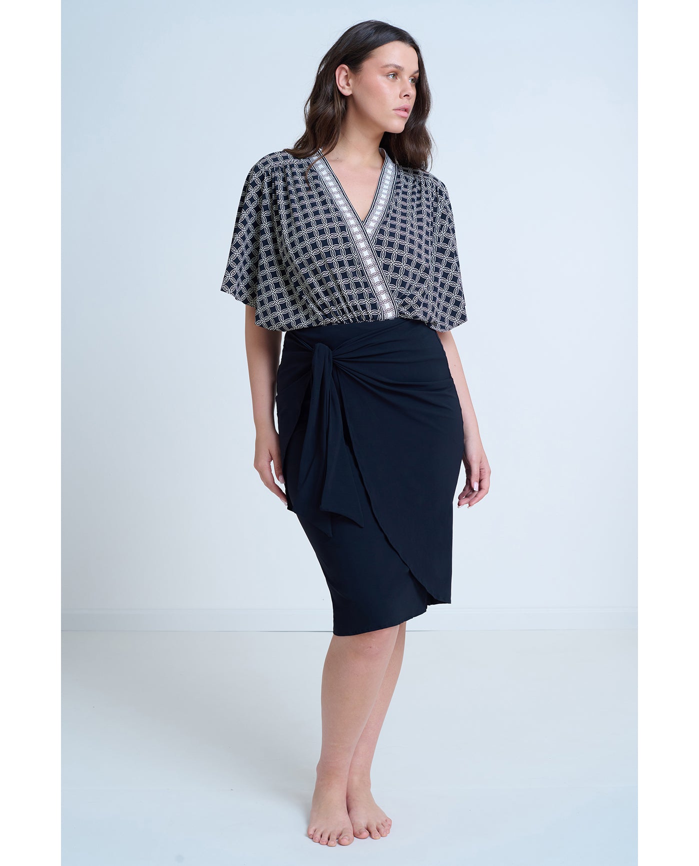 Modest Sleeved Surplice Blouson One Piece | Gottex-Golden-Chic-Black-Cream
