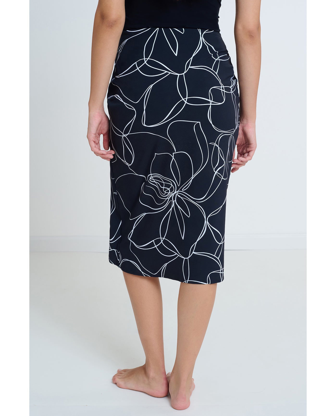 Modest Faux Wrap Skirt with Tie-Blk/wh