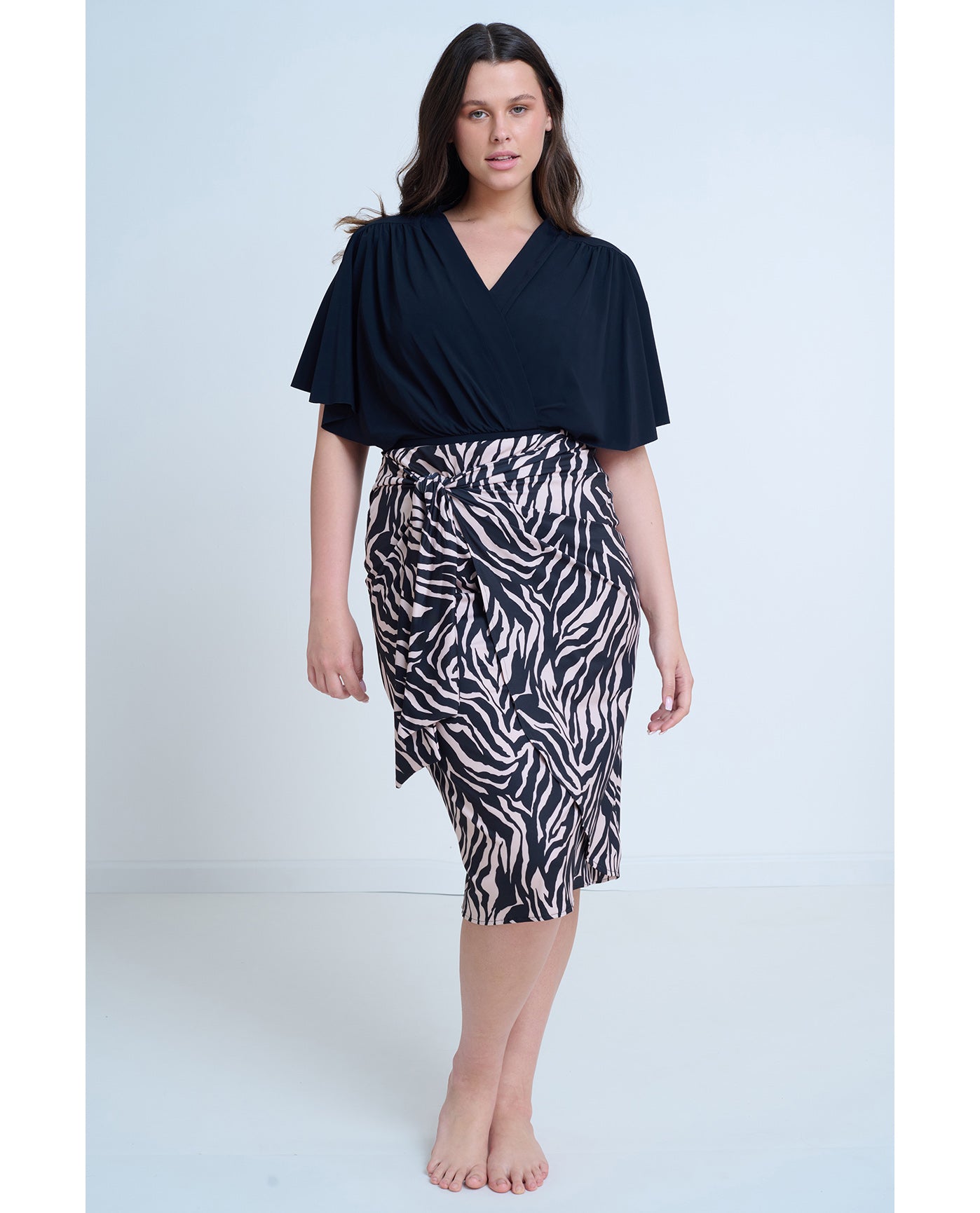 Modest Faux Wrap Skirt with Tie-Blk/brwn