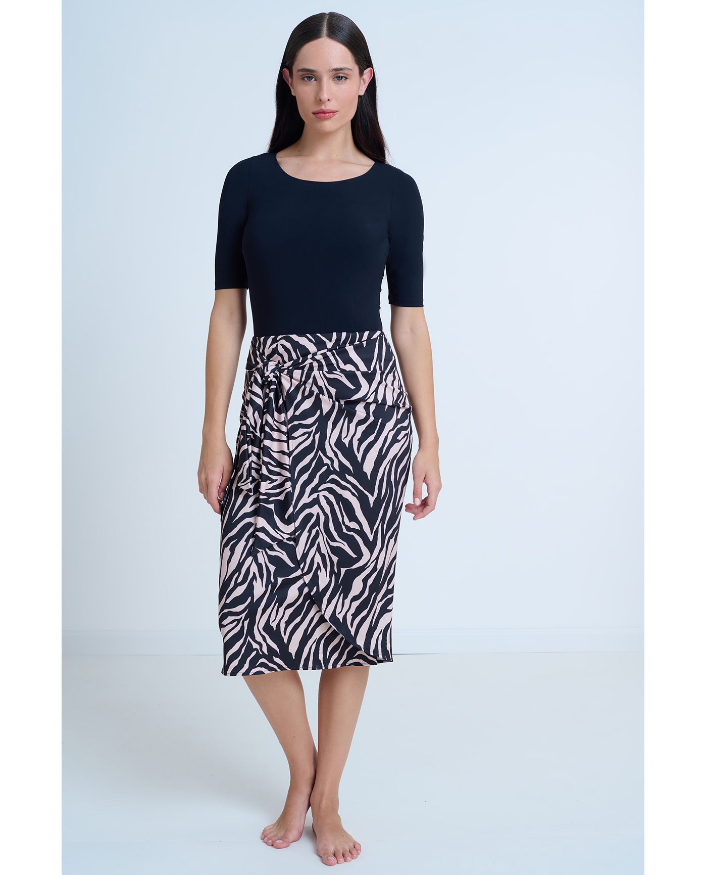 Modest Faux Wrap Skirt with Tie-Blk/brwn