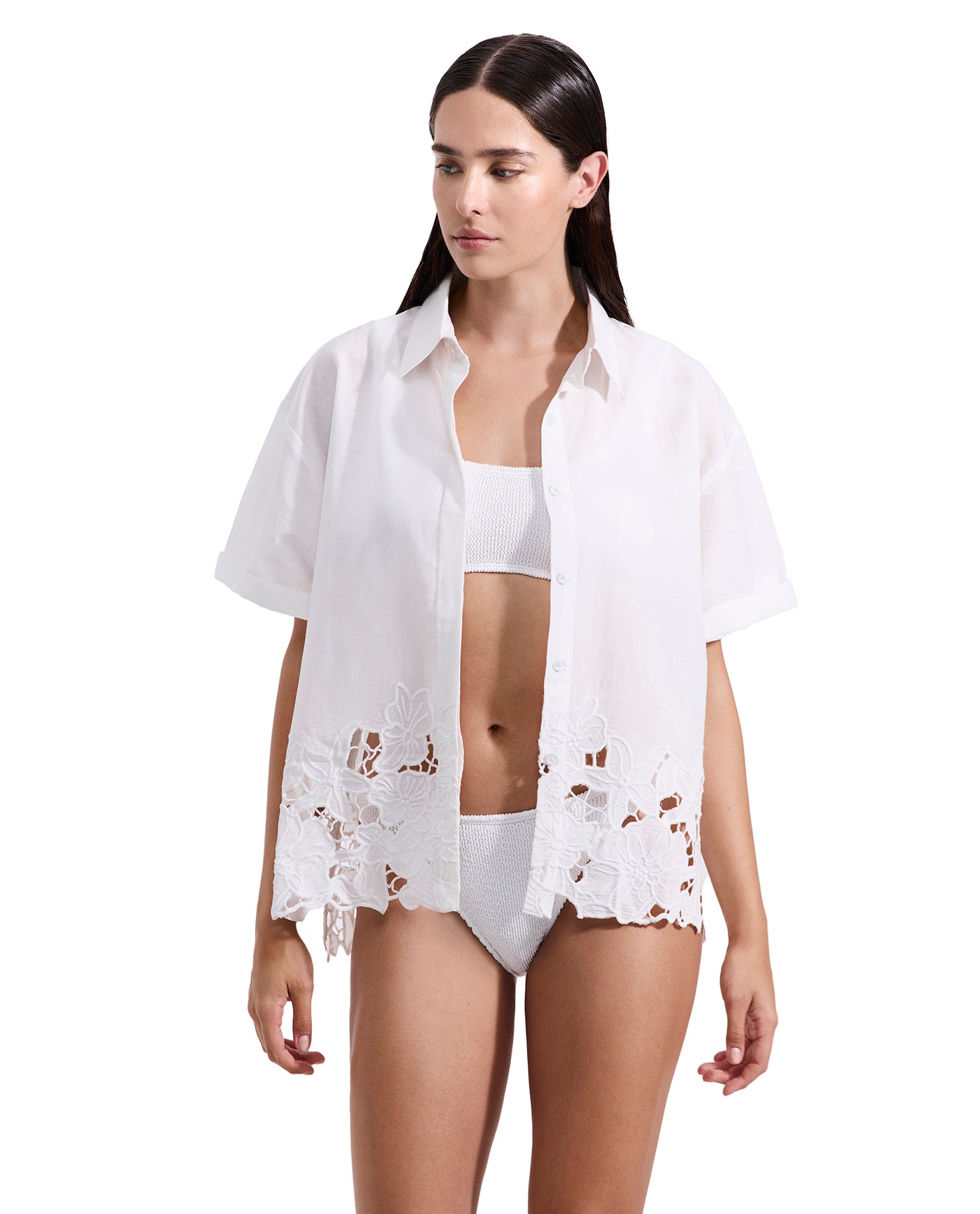 Amalfi Lace Short Sleeve Button Down Shirt Cover-Up-White