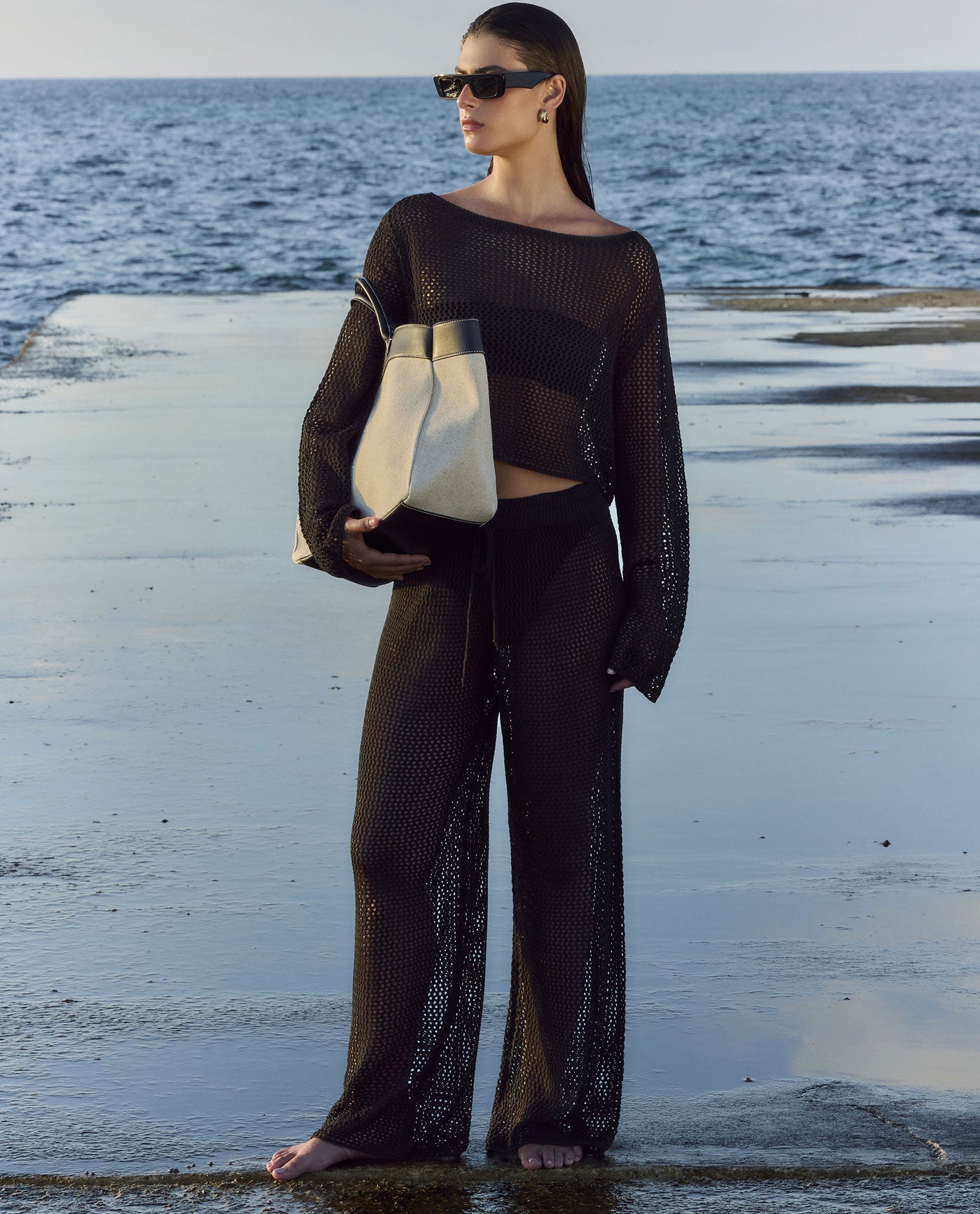 Paréo de plage taille haute en crochet Monaco Net - Noir