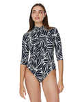 Modest 3/4 Sleeve One Piece Rashguard -Blk/wh
