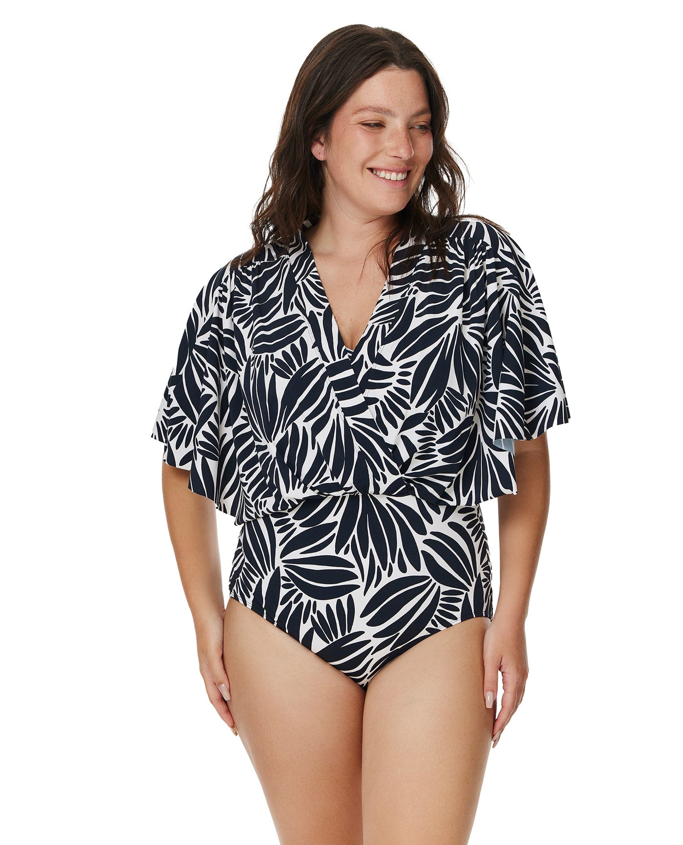 Modest Sleeved Surplice Blouson One Piece-Blk/wh