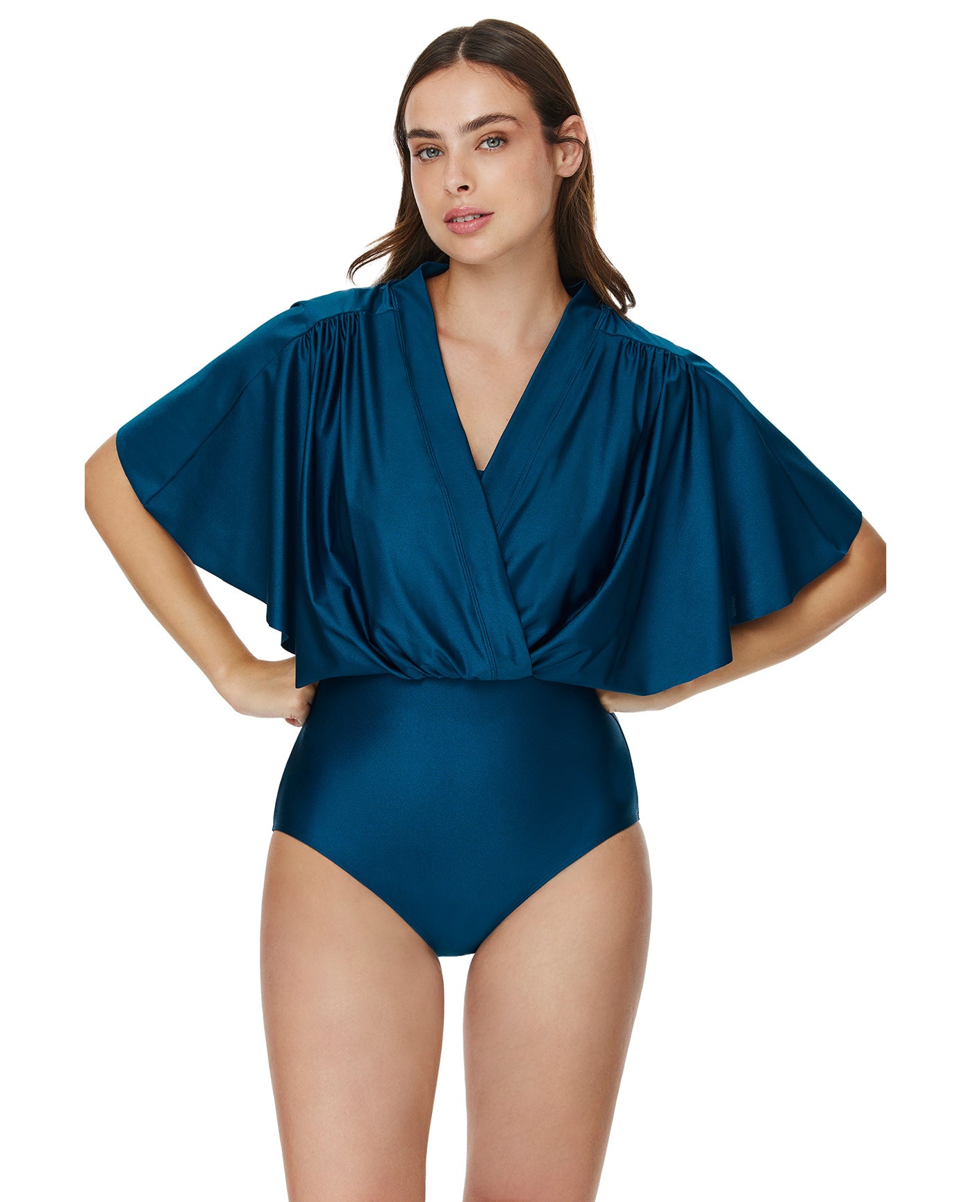 Modest Sleeved Surplice Blouson One Piece-Petrol