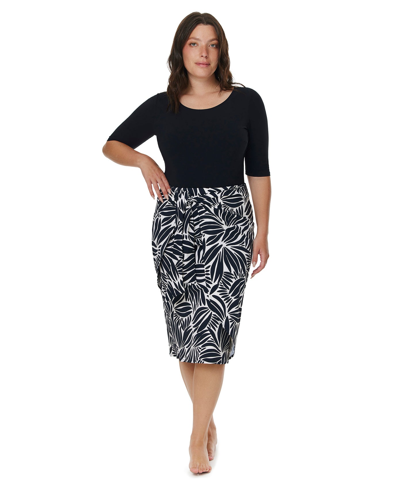 Modest Faux Wrap Skirt with Tie-Blk/wh