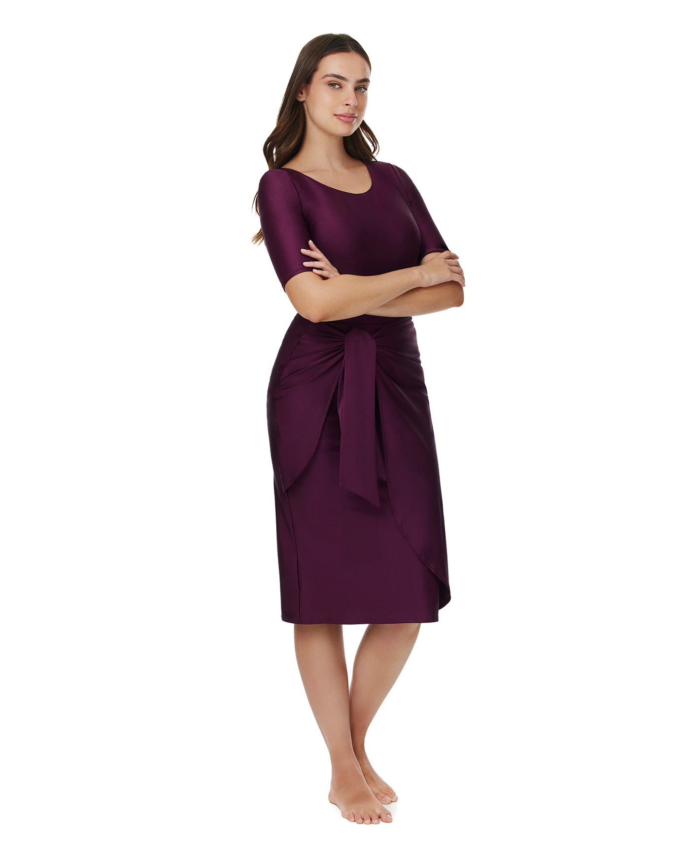 Modest Faux Wrap Skirt with Tie-Burgundy