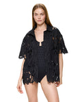 Guipure Lace Short Sleeve Button Down Shirt Cover-Up-Black