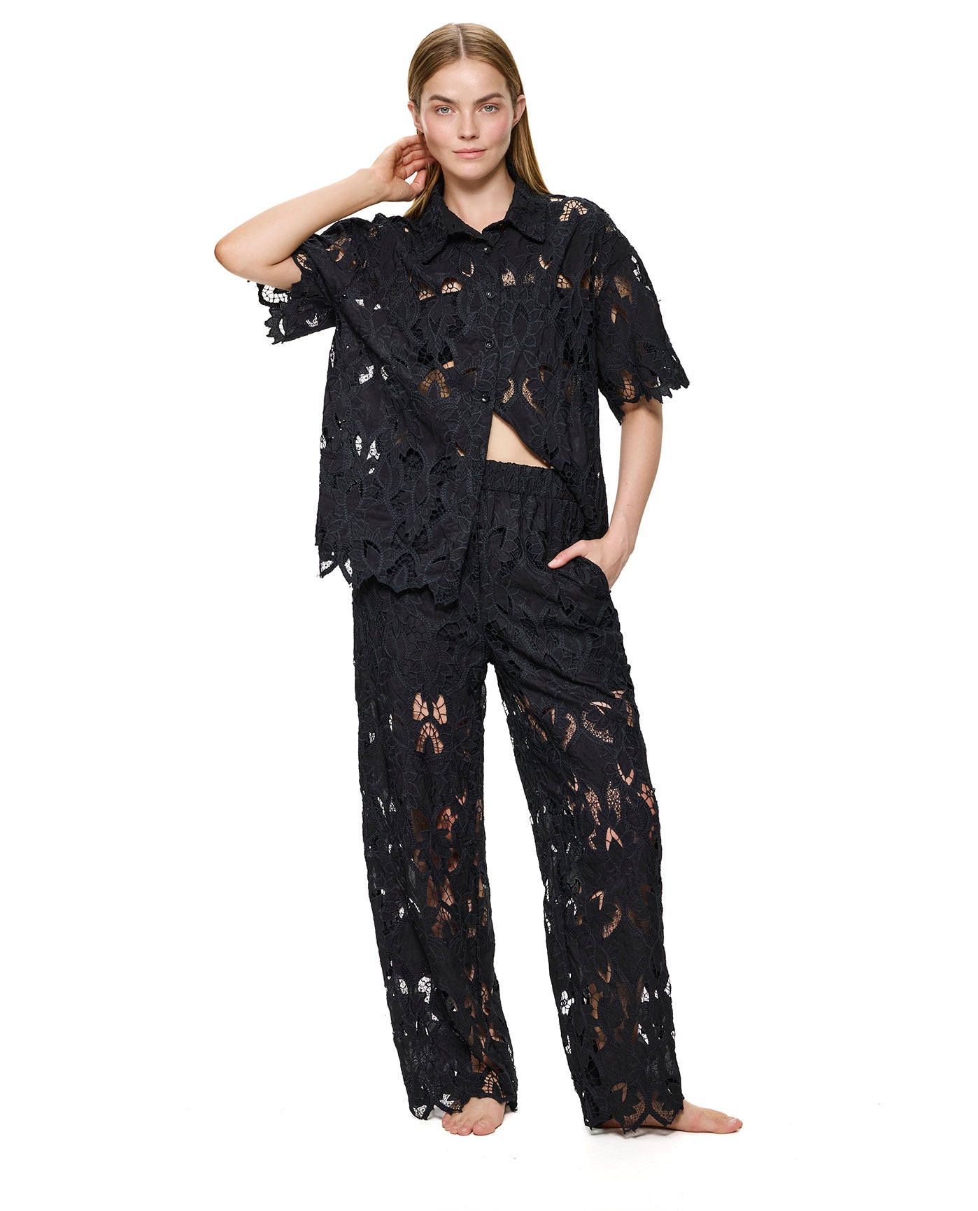 Guipure Lace Short Sleeve Button Down Shirt Cover-Up-Black