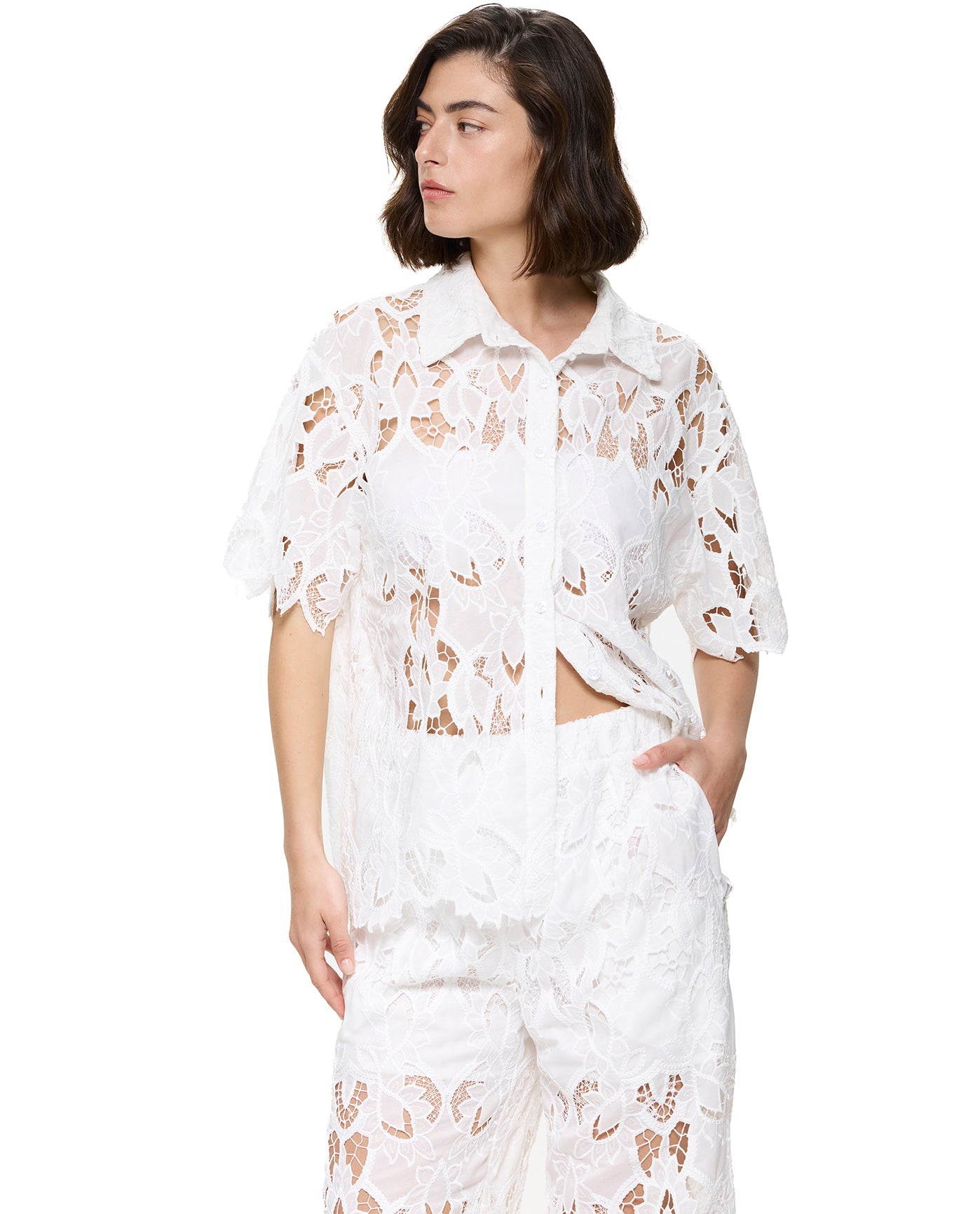 Guipure Lace Short Sleeve Button Down Shirt Cover-Up-White