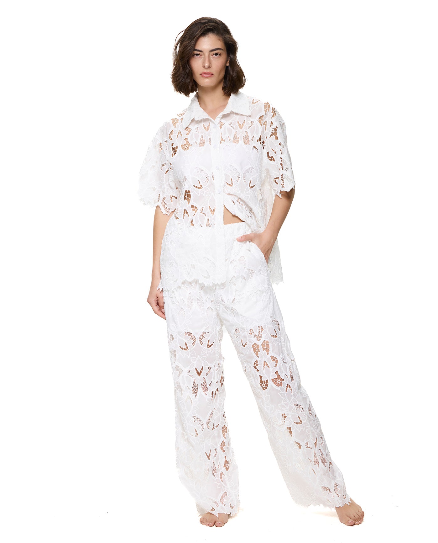 Guipure Lace Short Sleeve Button Down Shirt Cover-Up-White