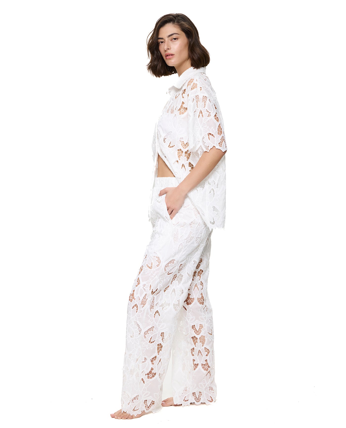 Guipure Lace Short Sleeve Button Down Shirt Cover-Up-White