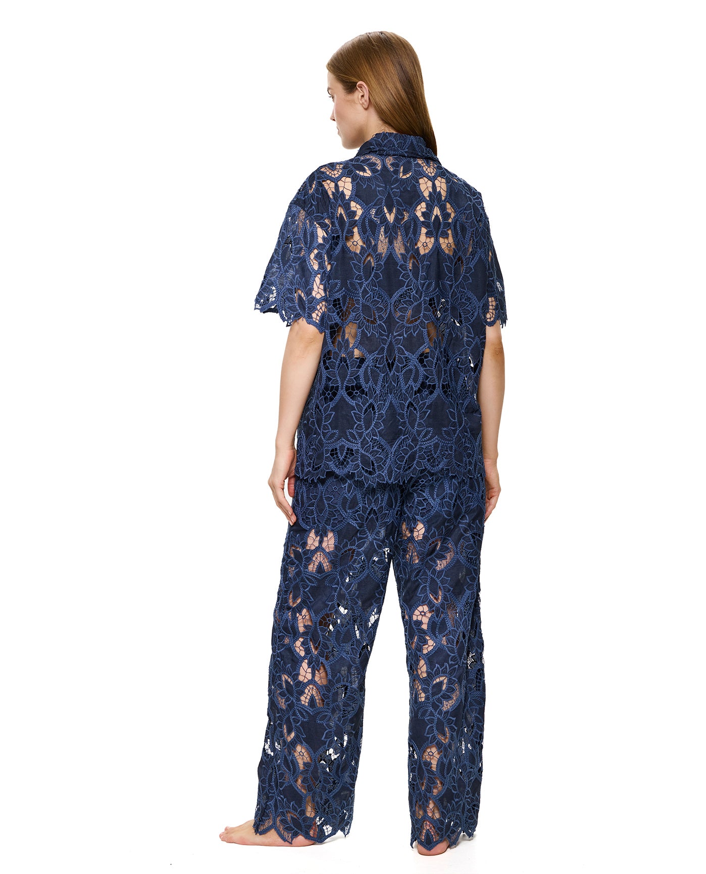 Guipure Lace Short Sleeve Button Down Shirt Cover-Up-Navy