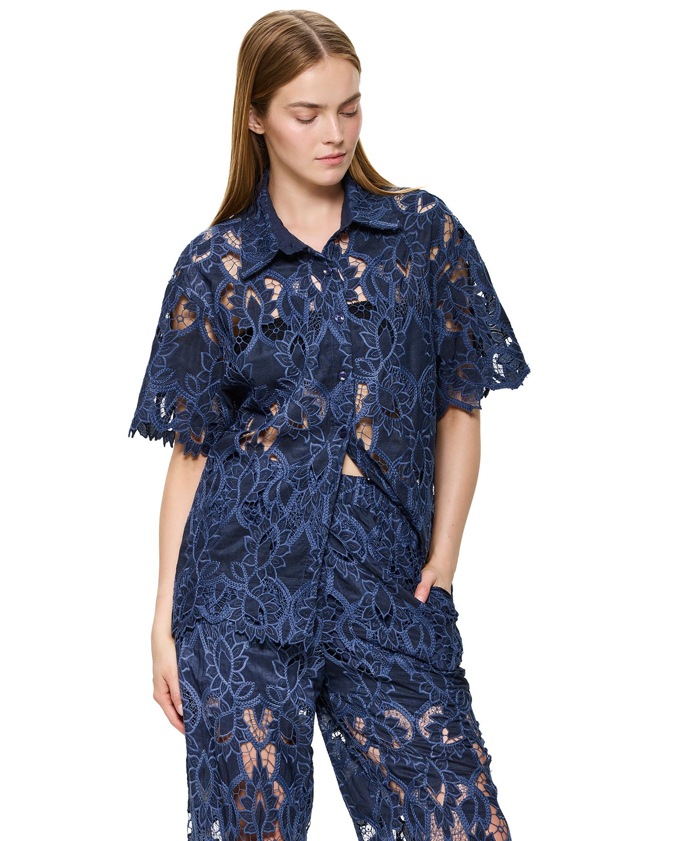Guipure Lace Short Sleeve Button Down Shirt Cover-Up-Navy