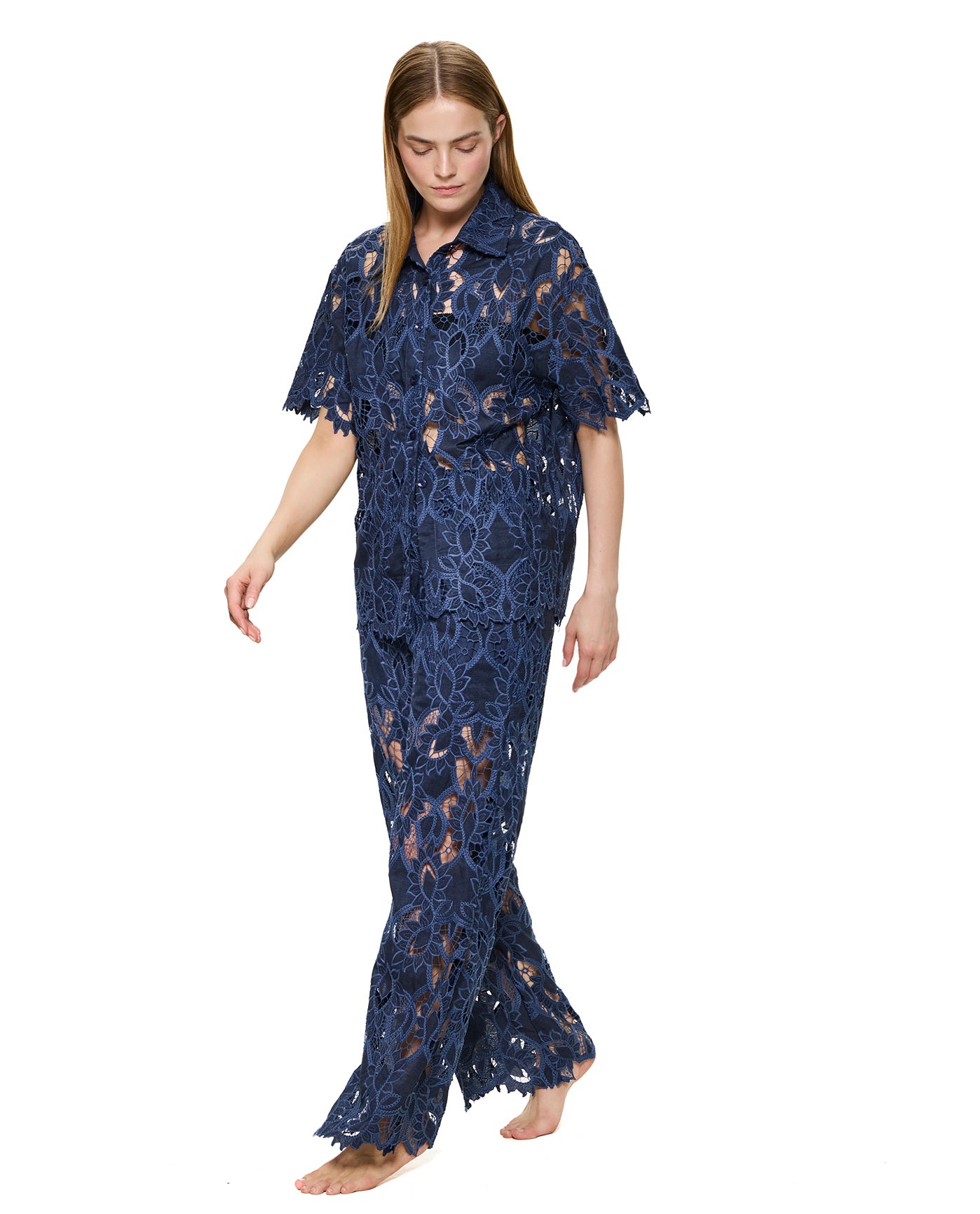 Guipure Lace Short Sleeve Button Down Shirt Cover-Up-Navy