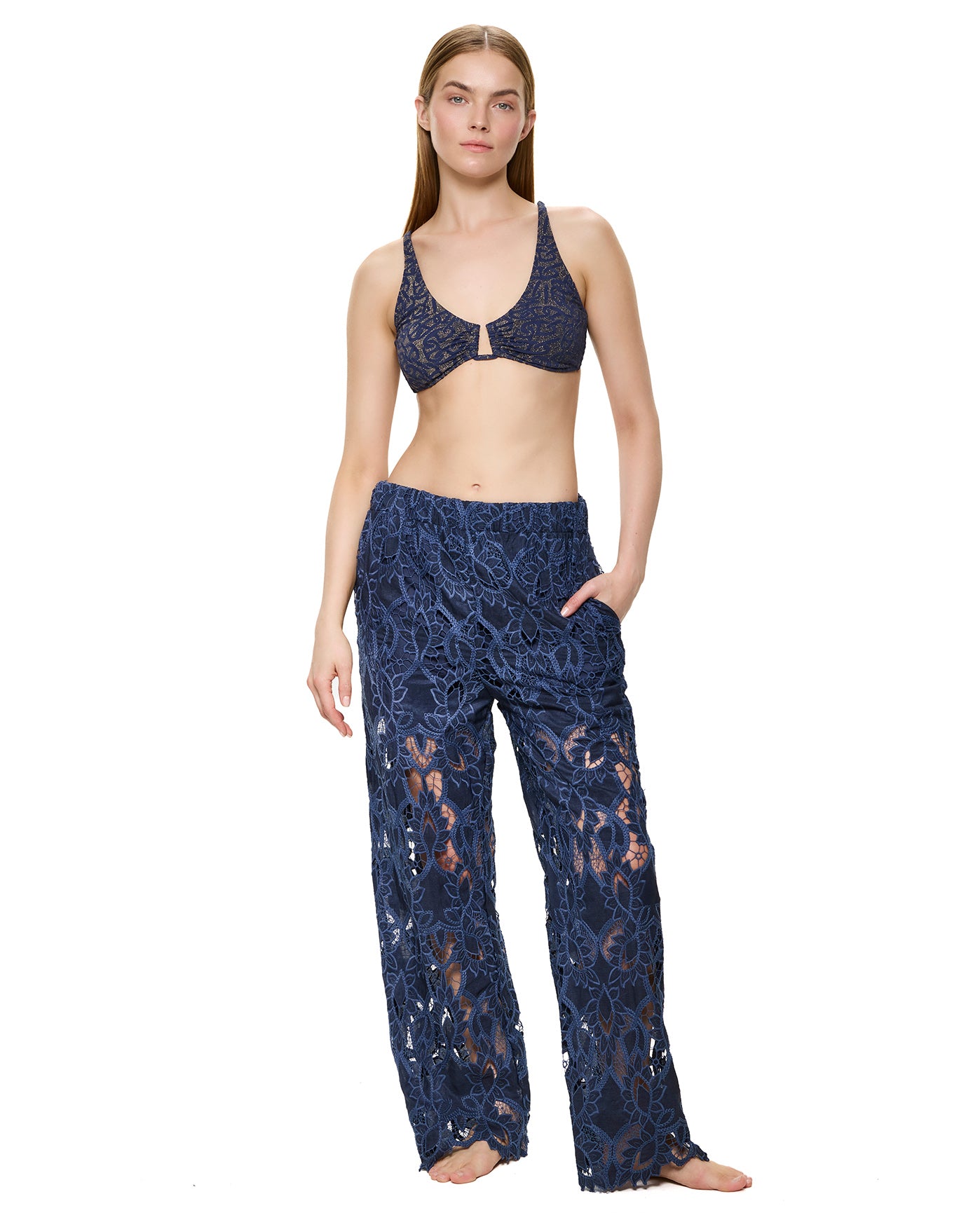 Guipure Lace Beach Pant Cover-Up-Navy