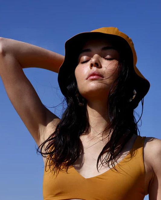 Alternate Front View Of Gottex Double Sided Bucket Hat | GOTTEX MUSTARD AND BLACK