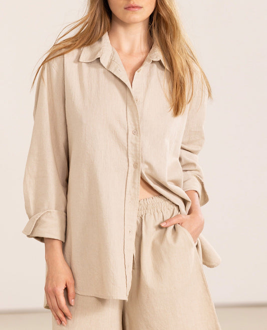 Front View Of Gottex Beach Life Long Sleeve Button Down Cover Up Blouse | Natural