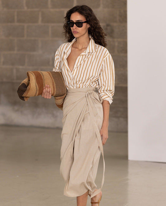 Side View Of Gottex Beach Life Long Sleeve Button Down Cover Up Blouse