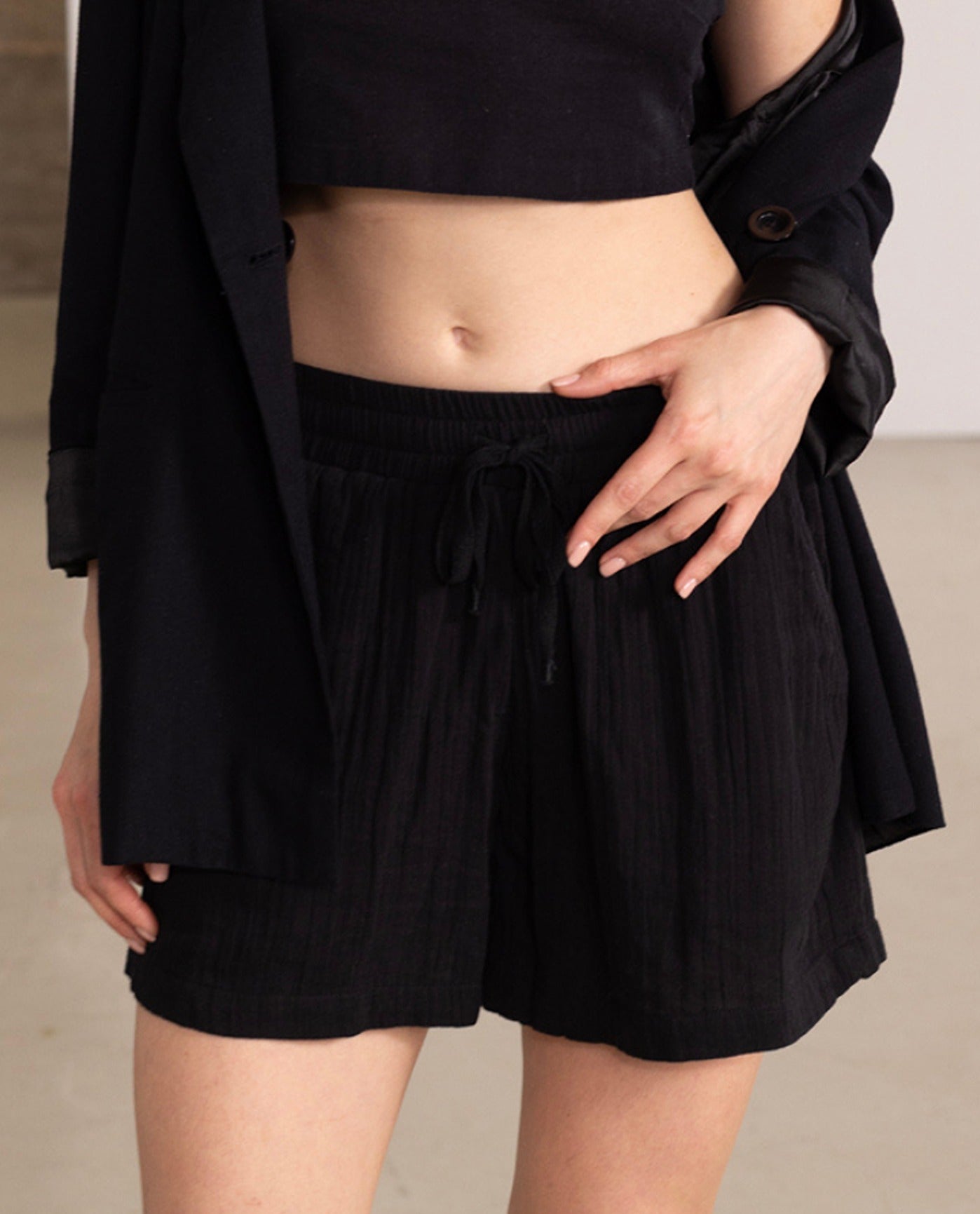 Front View Of Gottex Beach Life Drawstring Cover Up Shorts | GOTTEX BEACH LIFE BLACK