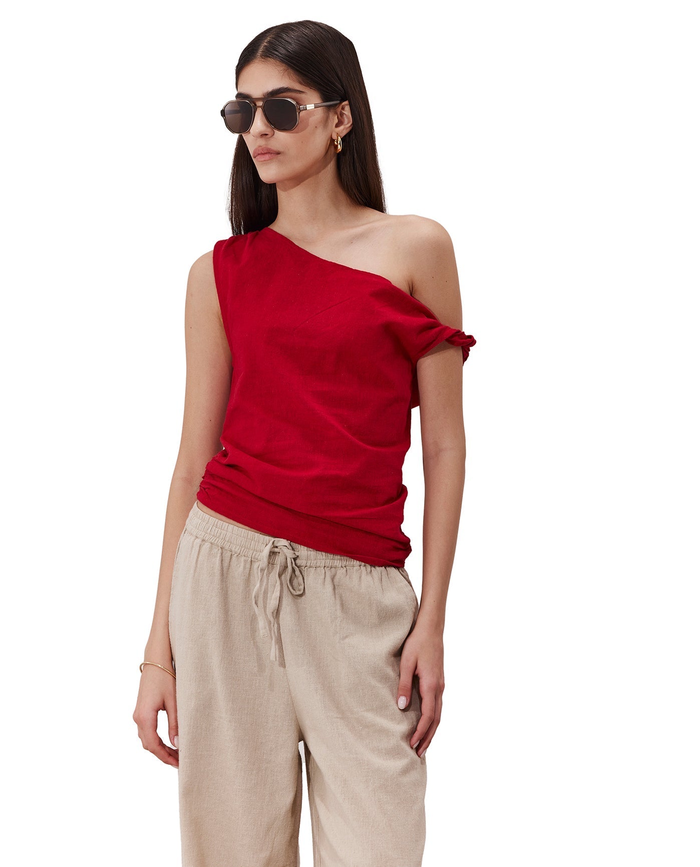 Terra One Shoulder Beach Shirt Cover-Up | Red