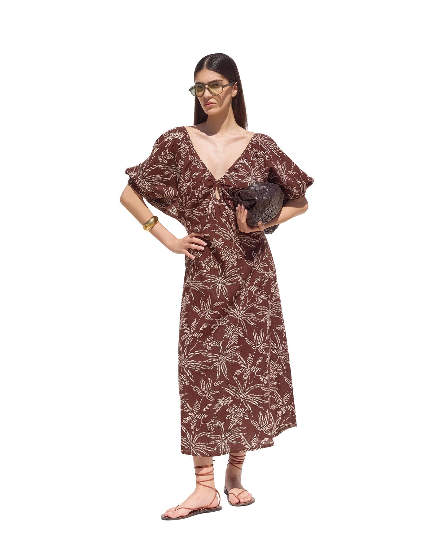 Terra Printed Puff Sleeve Midi Dress Cover-Up | Multi-Brown
