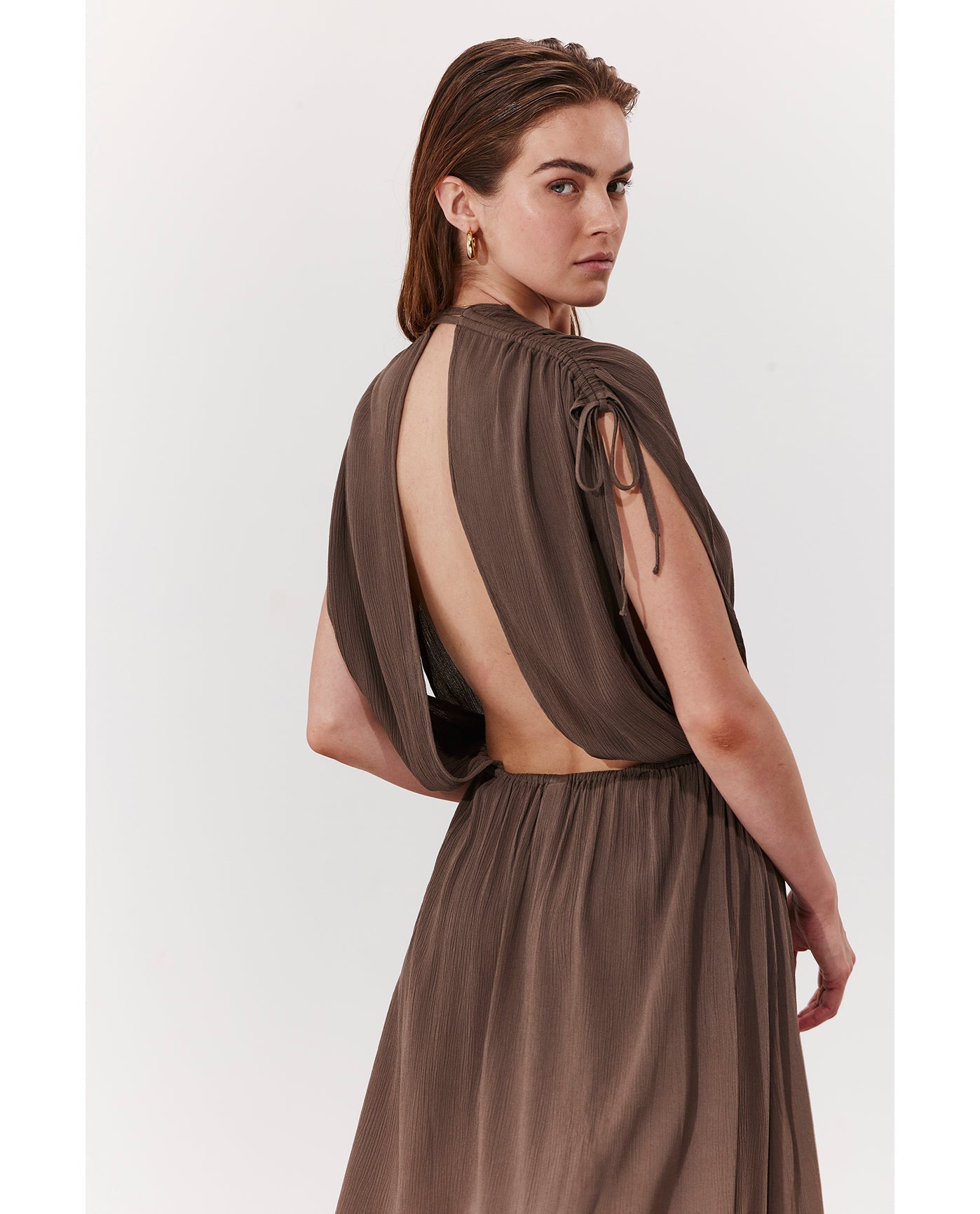Solena Crêpe V Neck Open Back Midi Dress Cover-Up | Khaki
