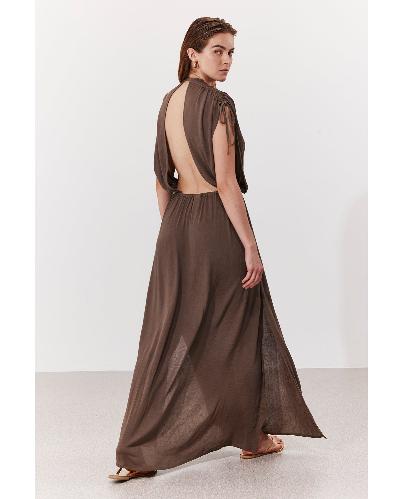 Solena Crêpe V Neck Open Back Midi Dress Cover-Up | Khaki