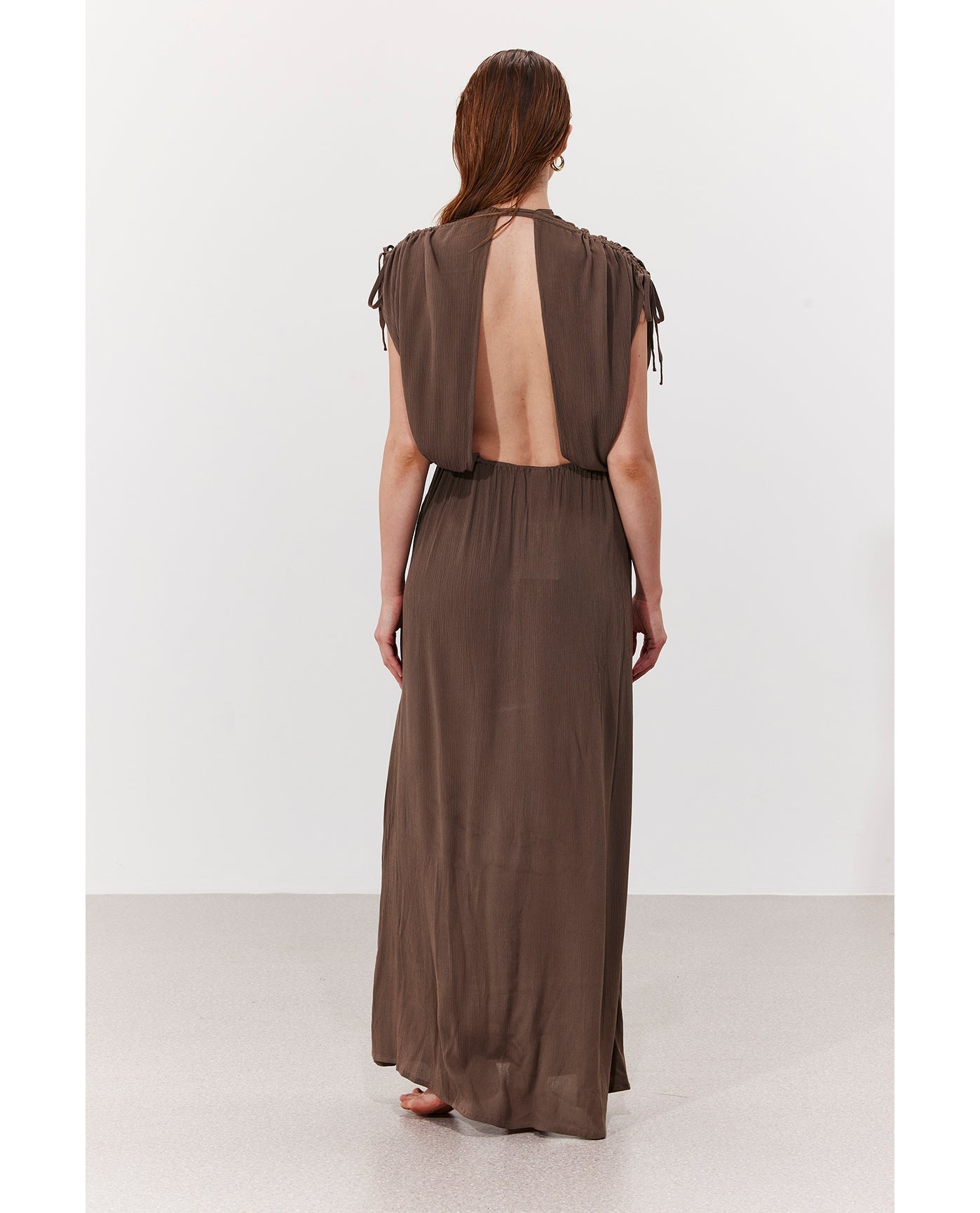 Solena Crêpe V Neck Open Back Midi Dress Cover-Up | Khaki