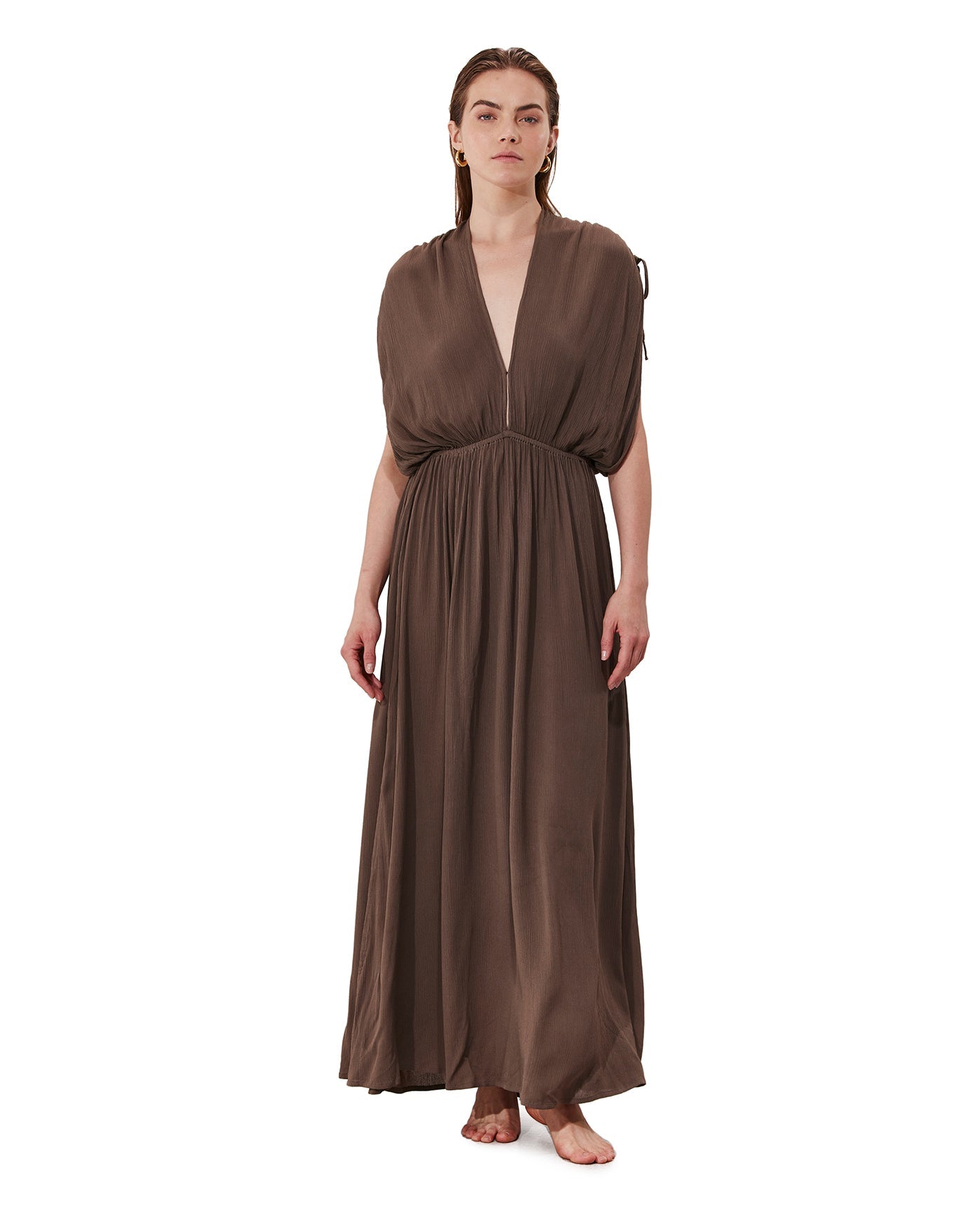 Solena Crêpe V Neck Open Back Midi Dress Cover-Up | Khaki