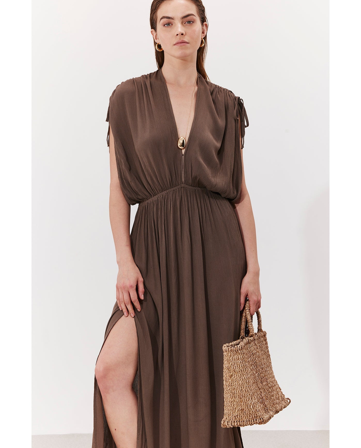 Solena Crêpe V Neck Open Back Midi Dress Cover-Up | Khaki