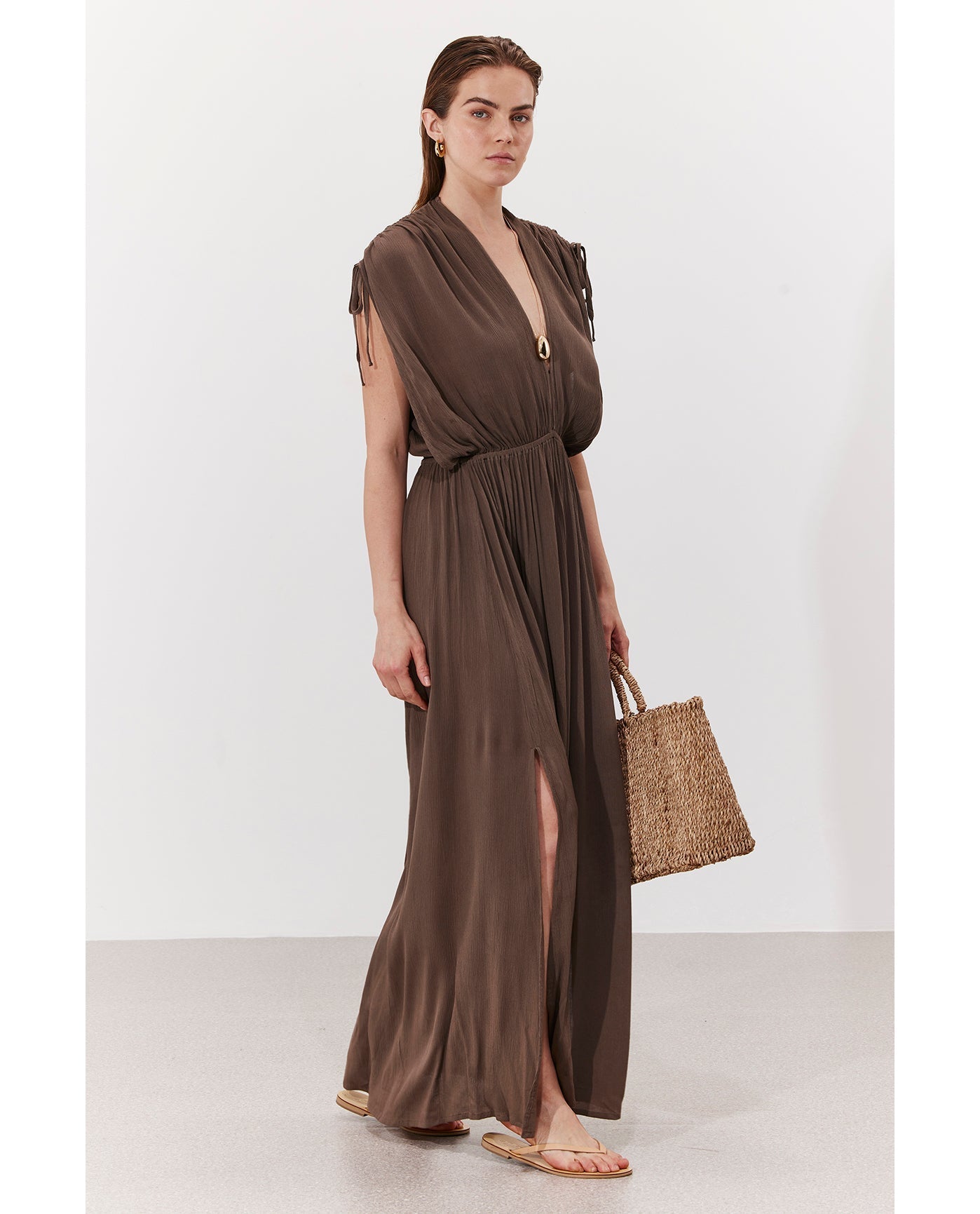 Solena Crêpe V Neck Open Back Midi Dress Cover-Up | Khaki