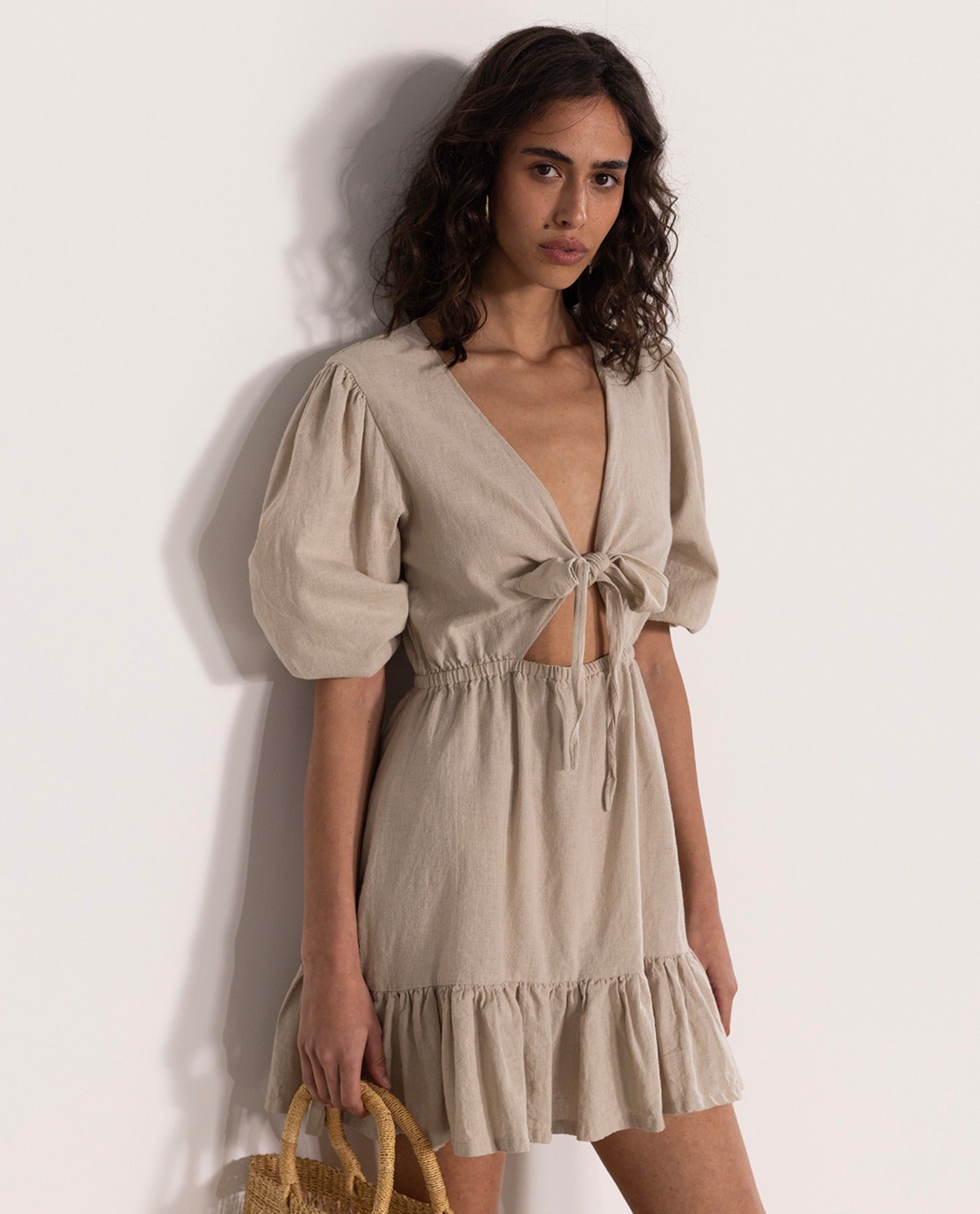 Front View Of Gottex Beach Life Front Tie V-Neck Cover Up Dress | GOTTEX BEACH LIFE NATURAL