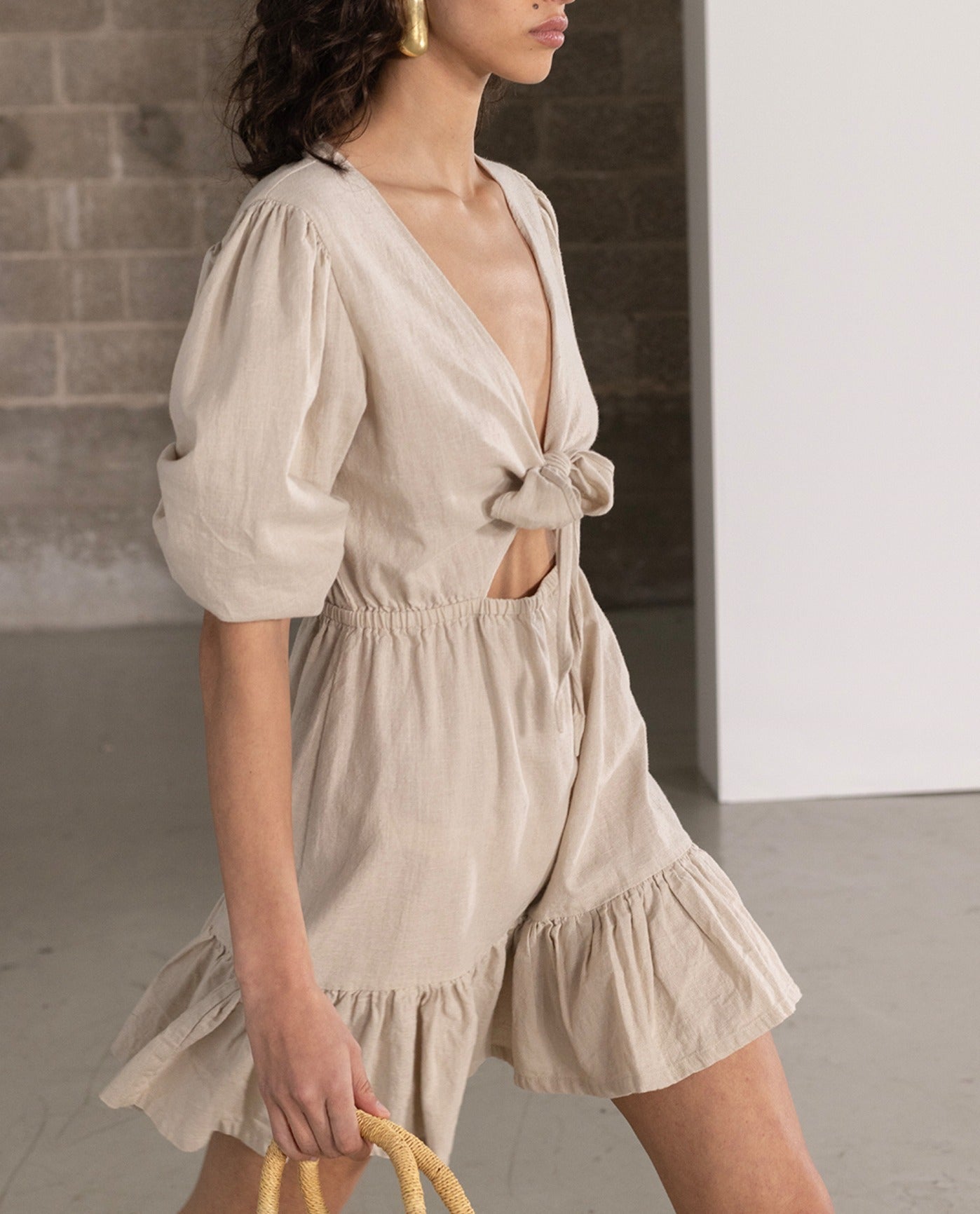 Side View View Of Gottex Beach Life Front Tie V-Neck Cover Up Dress | GOTTEX BEACH LIFE NATURAL