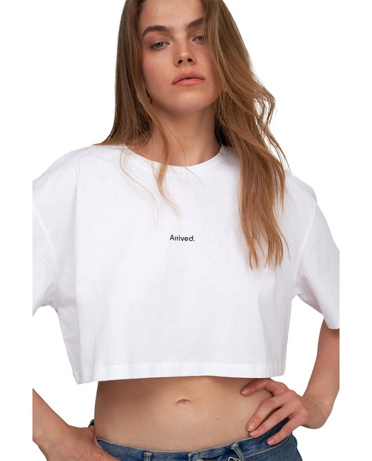 Front View Of Beach Life Airport Cropped Cotton Graphic T-Shirt | white
