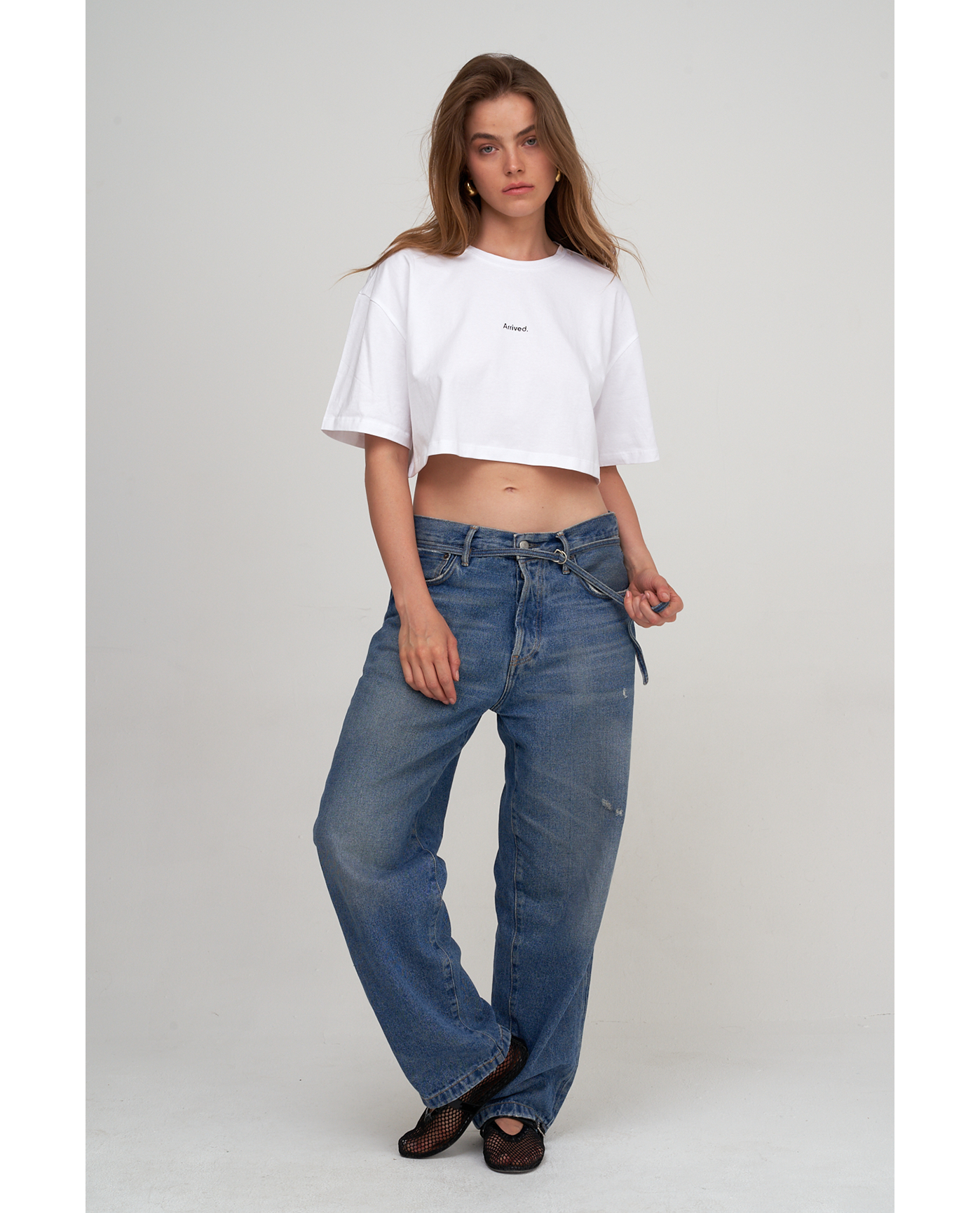 Front View Of Beach Life Airport Cropped Cotton Graphic T-Shirt | white