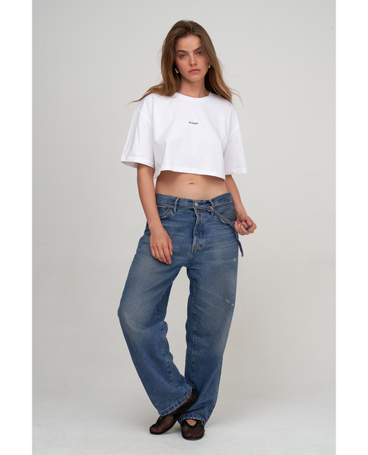 Front View Of Beach Life Airport Cropped Cotton Graphic T-Shirt | white