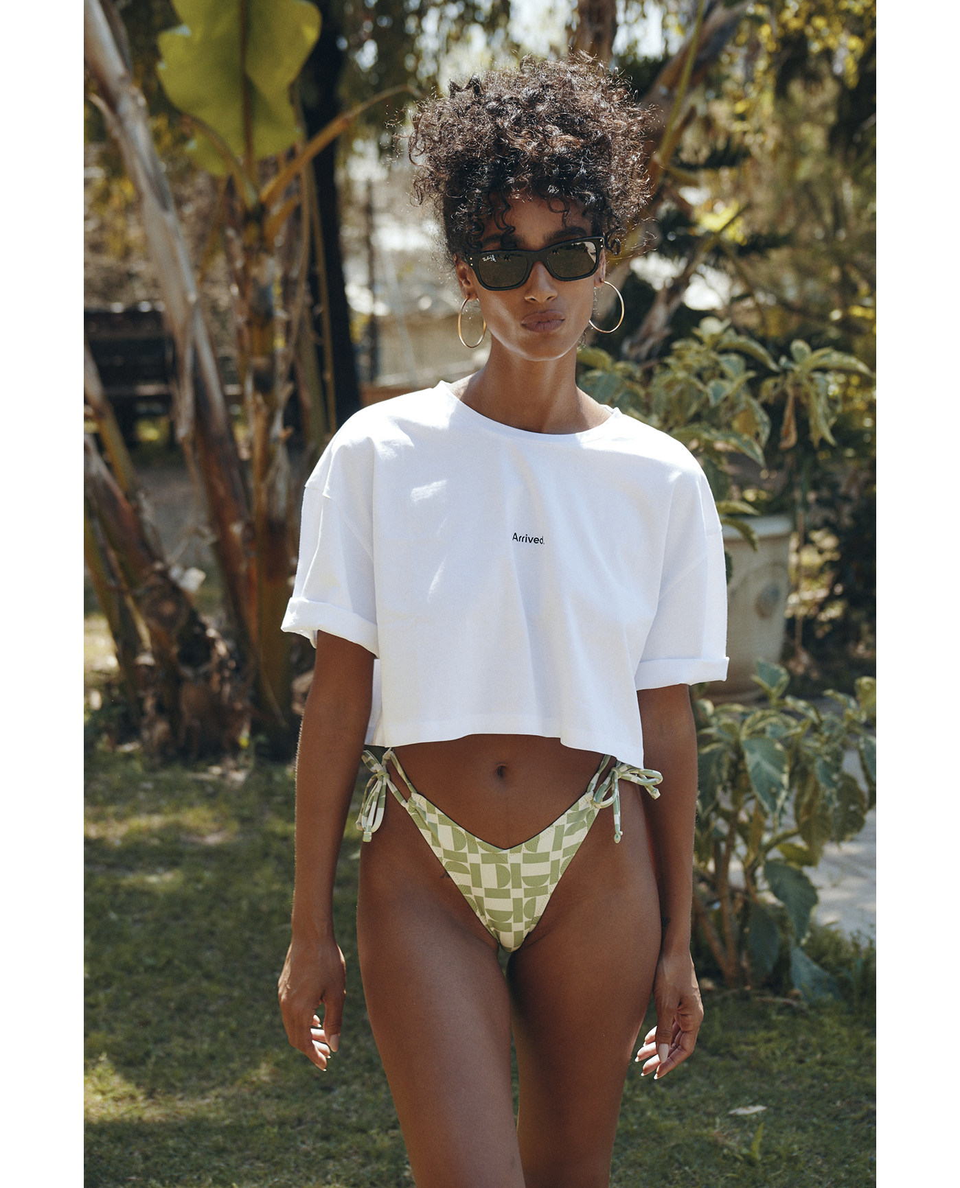 Front View Of Beach Life Airport Cropped Cotton Graphic T-Shirt | white