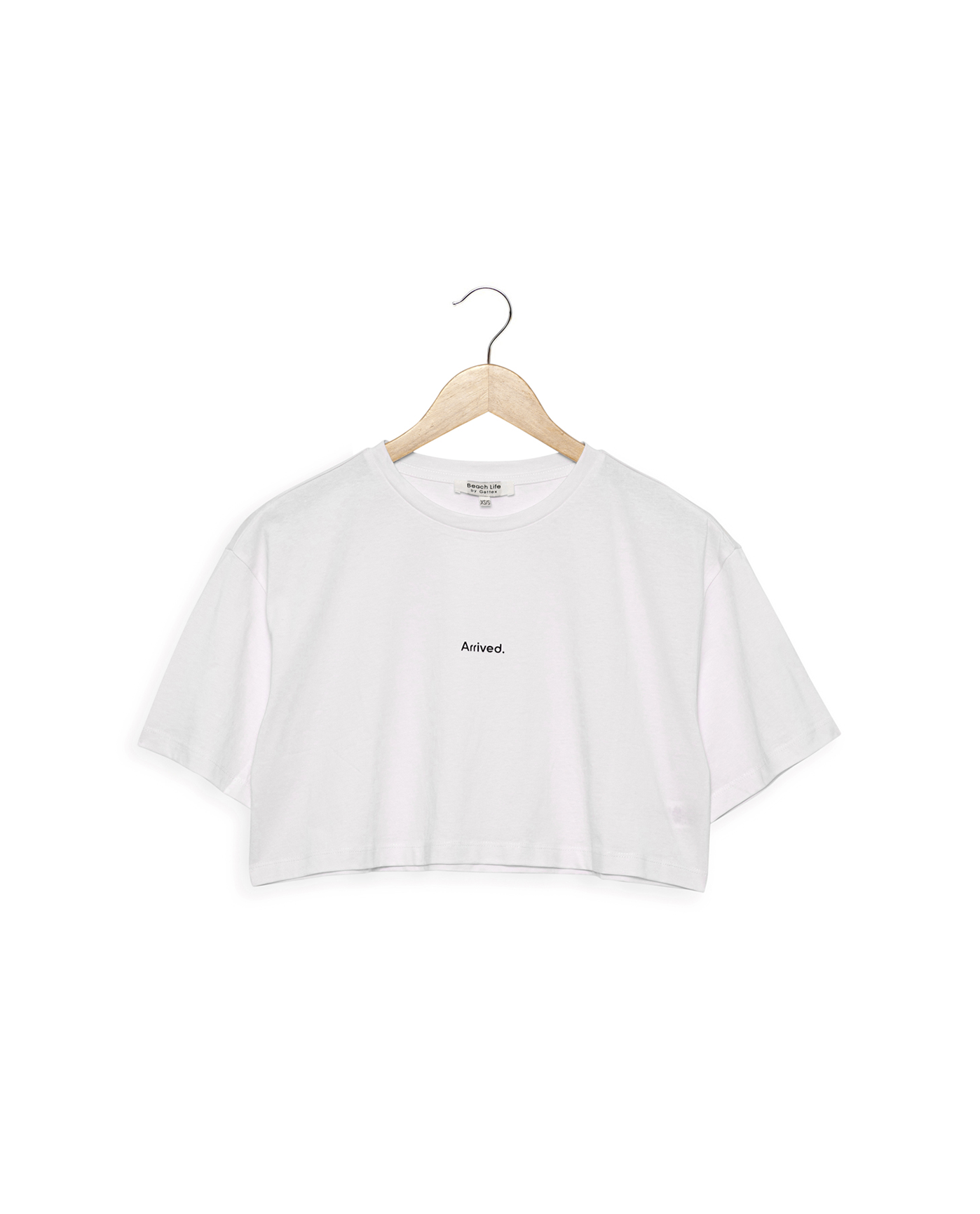 Front View Of Beach Life Airport Cropped Cotton Graphic T-Shirt | white
